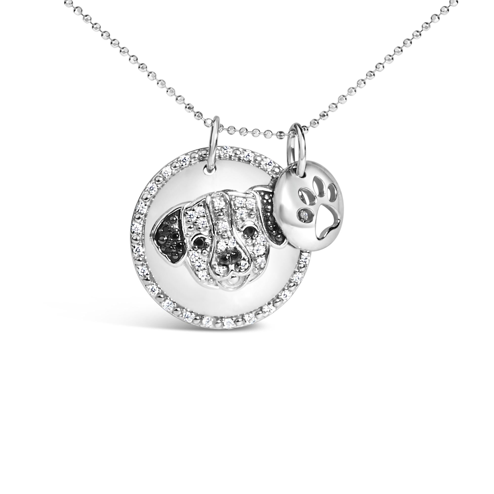 .925 Sterling Silver 1/4 Cttw White and Black Diamond Pitbull Dog Medallion and Charm 18" Pendant Necklace (I-J Color, I2-I3 Clarity) - Friggin Jewelry