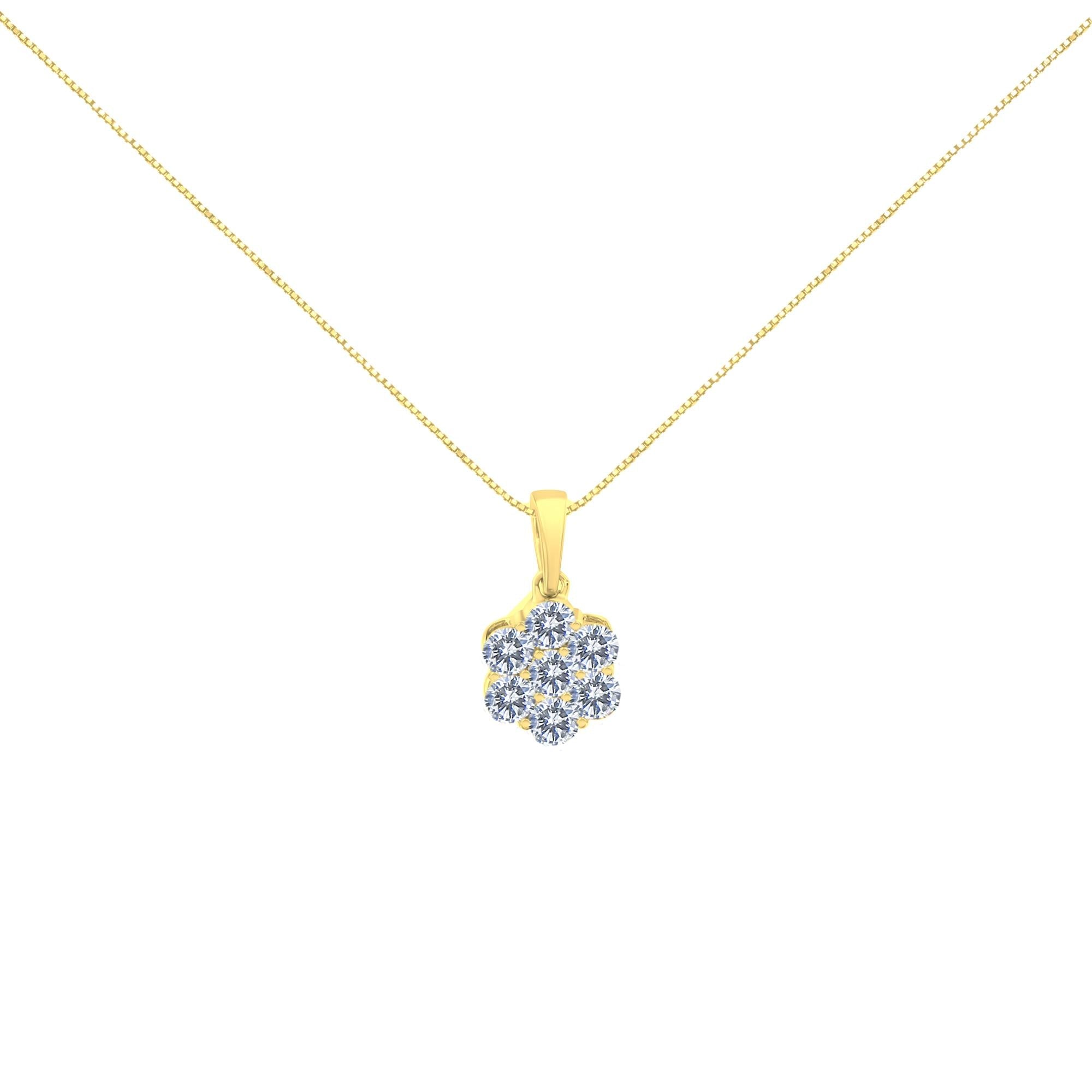 14K Yellow Gold 1.00 Cttw Brilliant Round-Cut Diamond 7 Stone Floral Cluster 18" Pendant Necklace (H-I Color, SI2-I1 Clarity) - Friggin Jewelry