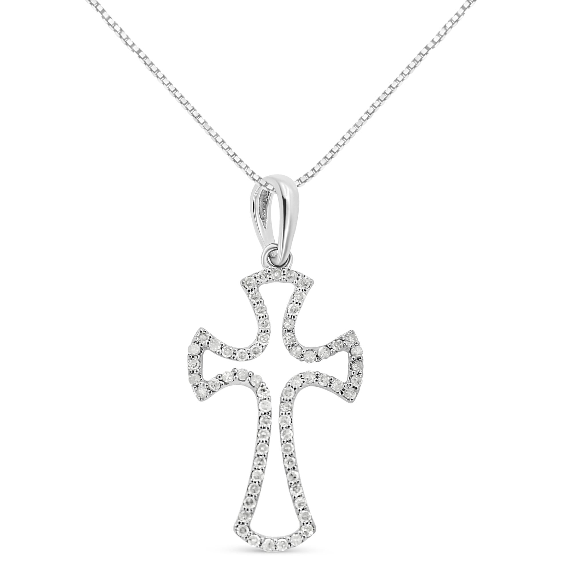 .925 Sterling Silver 1/3 Cttw Diamond Framed Open Cross 18" Pendant Necklace (J-K Color, I2-I3 Clarity) - Friggin Jewelry
