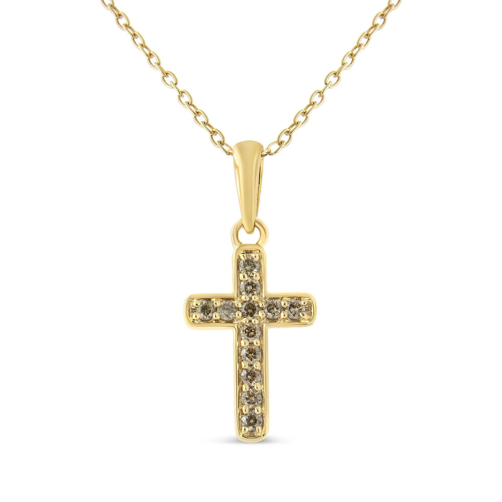 10K Yellow Gold Flashed .925 Sterling Silver 1/4 Cttw Champagne Diamond Cross Pendant Necklace (K-L Color, I1-I2 Clarity) - 18" - Friggin Jewelry