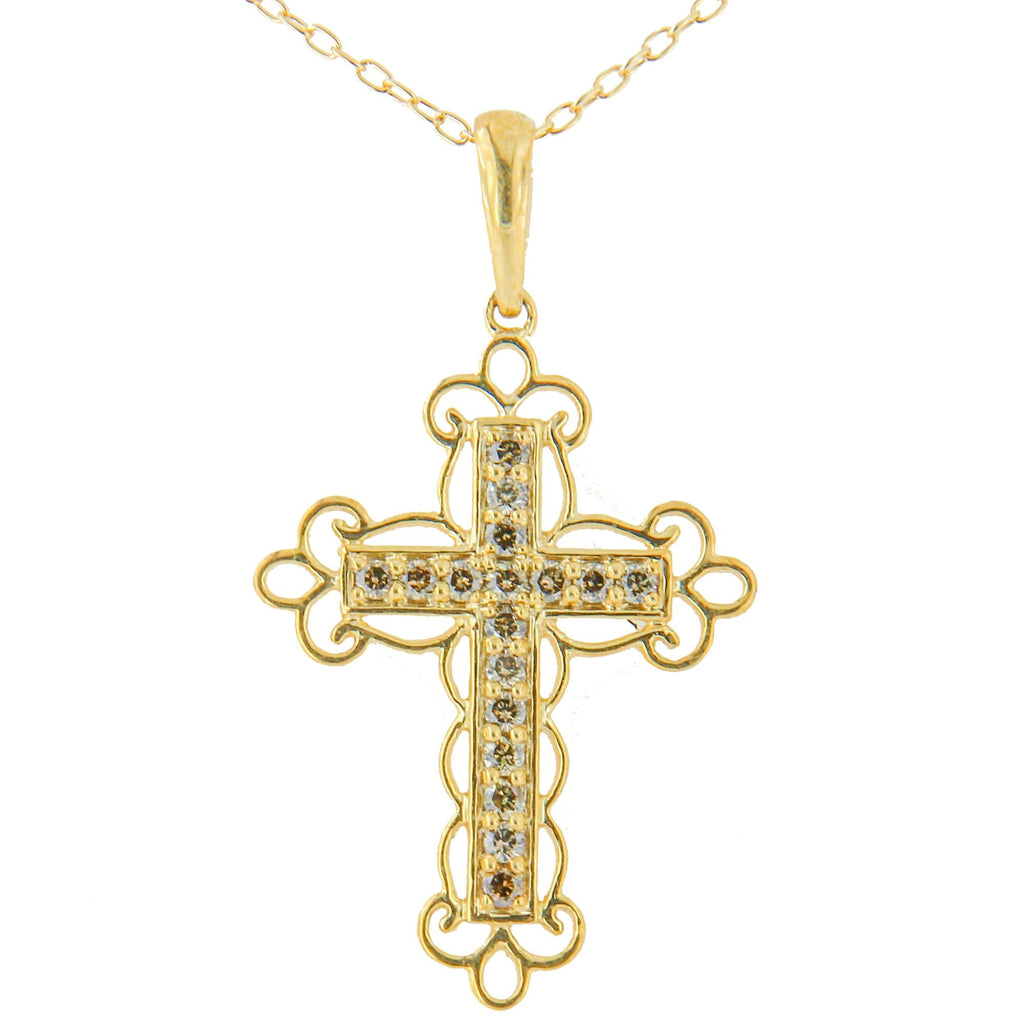 10K Yellow Flashed .925 Sterling Silver 1/4 Cttw Champagne Diamond Filigree Cross Pendant Necklace (K-L Color, I1-I2 Clarity) - 18" - Friggin Jewelry
