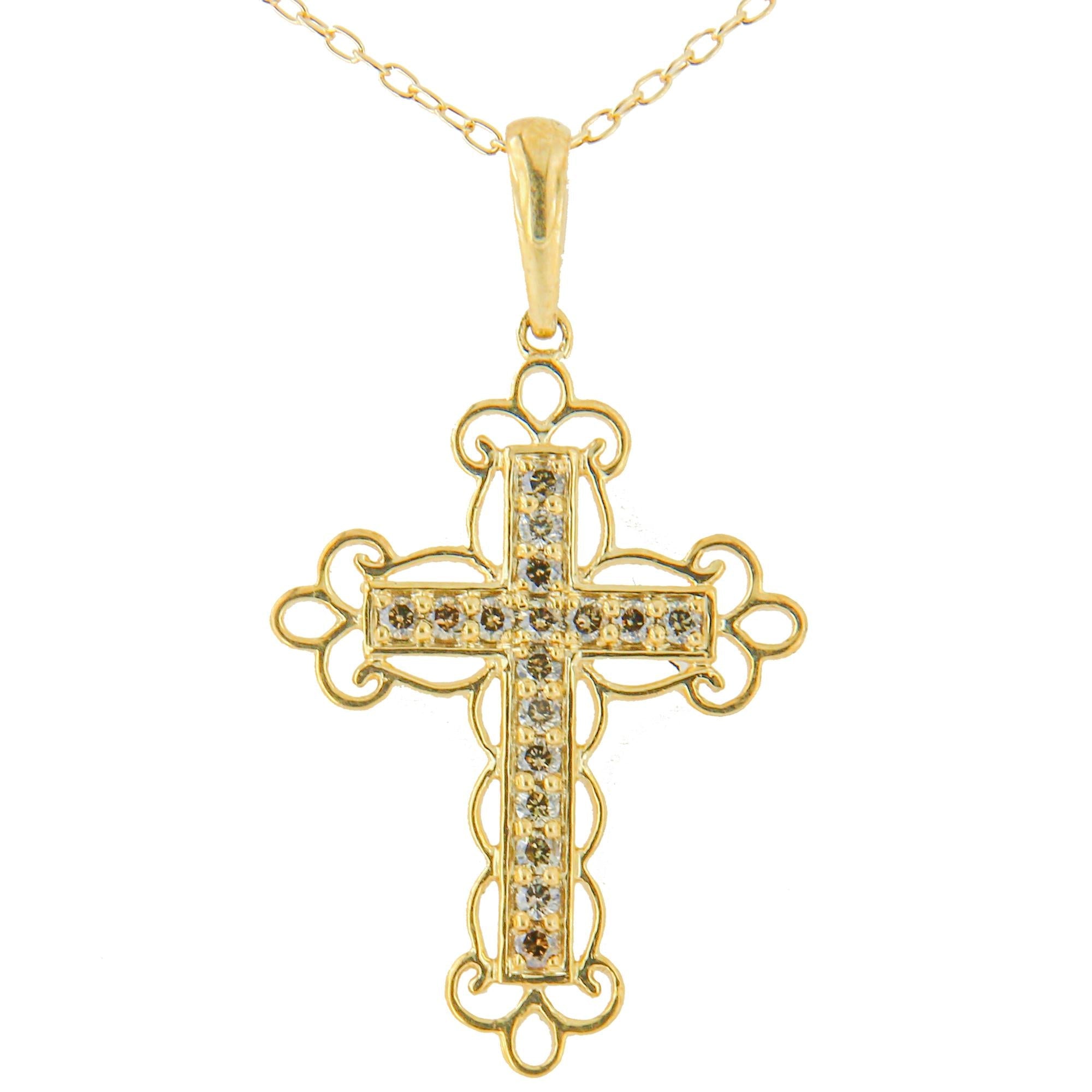 10K Yellow Flashed .925 Sterling Silver 1/4 Cttw Champagne Diamond Filigree Cross Pendant Necklace (K-L Color, I1-I2 Clarity) - 18" - Friggin Jewelry