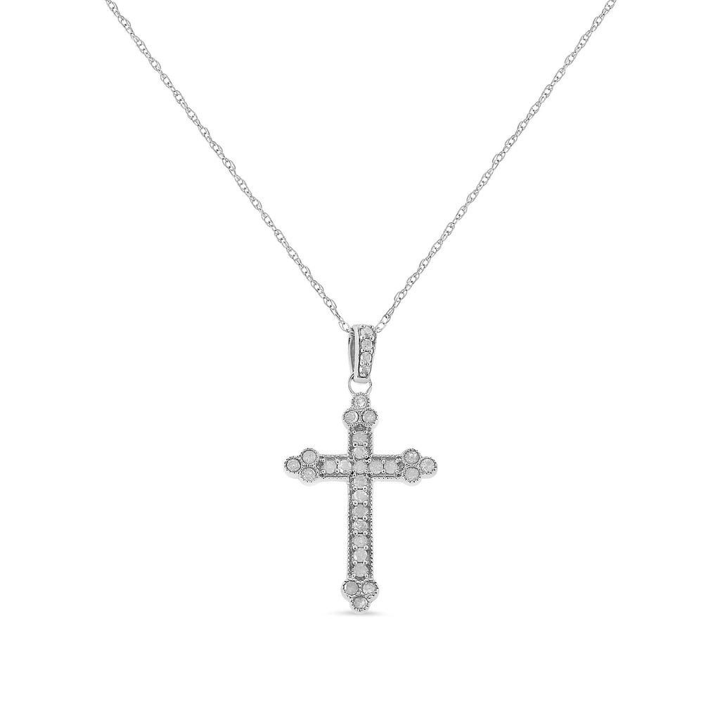 .925 Sterling Silver 1/4 Cttw Prong Set Round-Cut Diamond Cross 18" Pendant Necklace - (I-J Color, I3-Promo Quality) - Friggin Jewelry