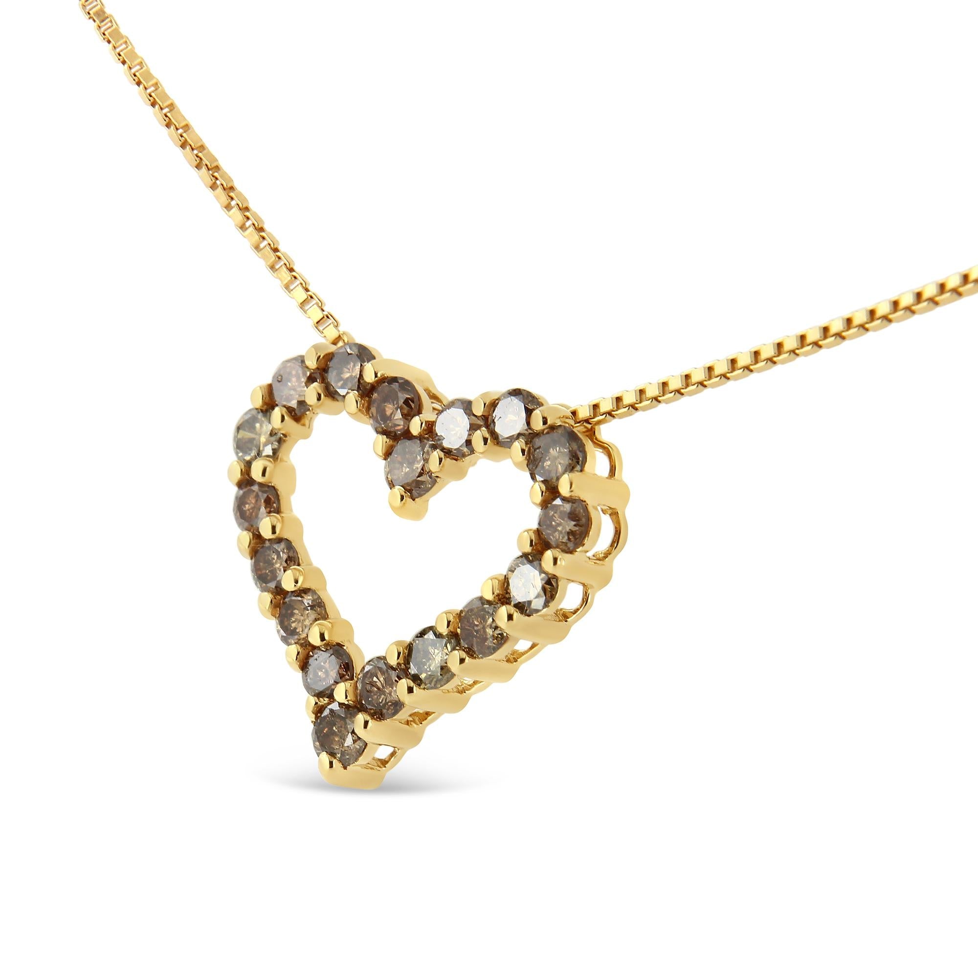 14K Yellow Gold Plated .925 Sterling Silver 1.0 Cttw Champagne Diamond Heart Pendant Necklace (K-L Color, I1-I2 Clarity) - 18" - Friggin Jewelry