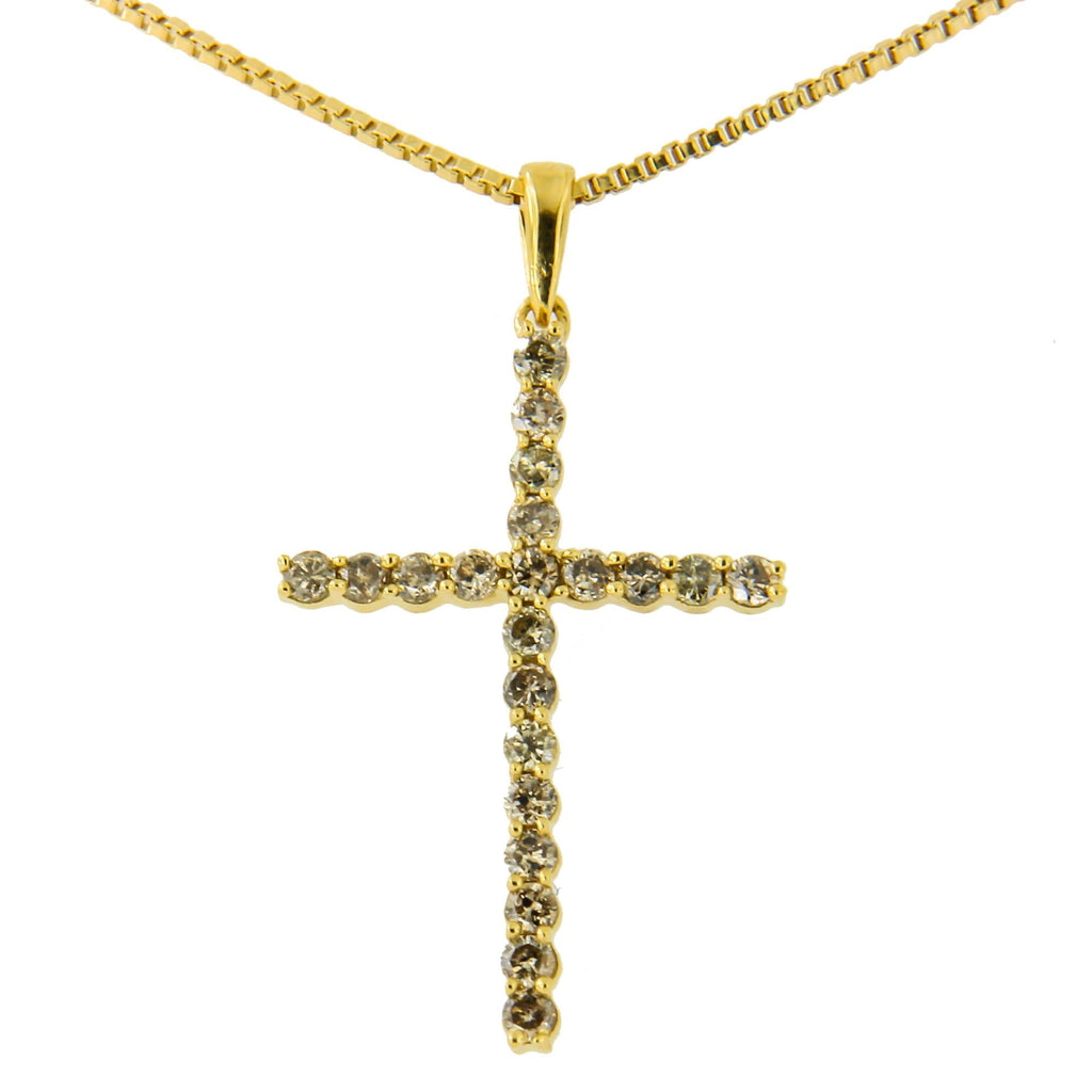 14K Yellow Gold Plated .925 Sterling Silver 1/2 Cttw Champagne Diamond Cross Pendant Necklace (K-L Color, I1-I2 Clarity) - 18" - Friggin Jewelry