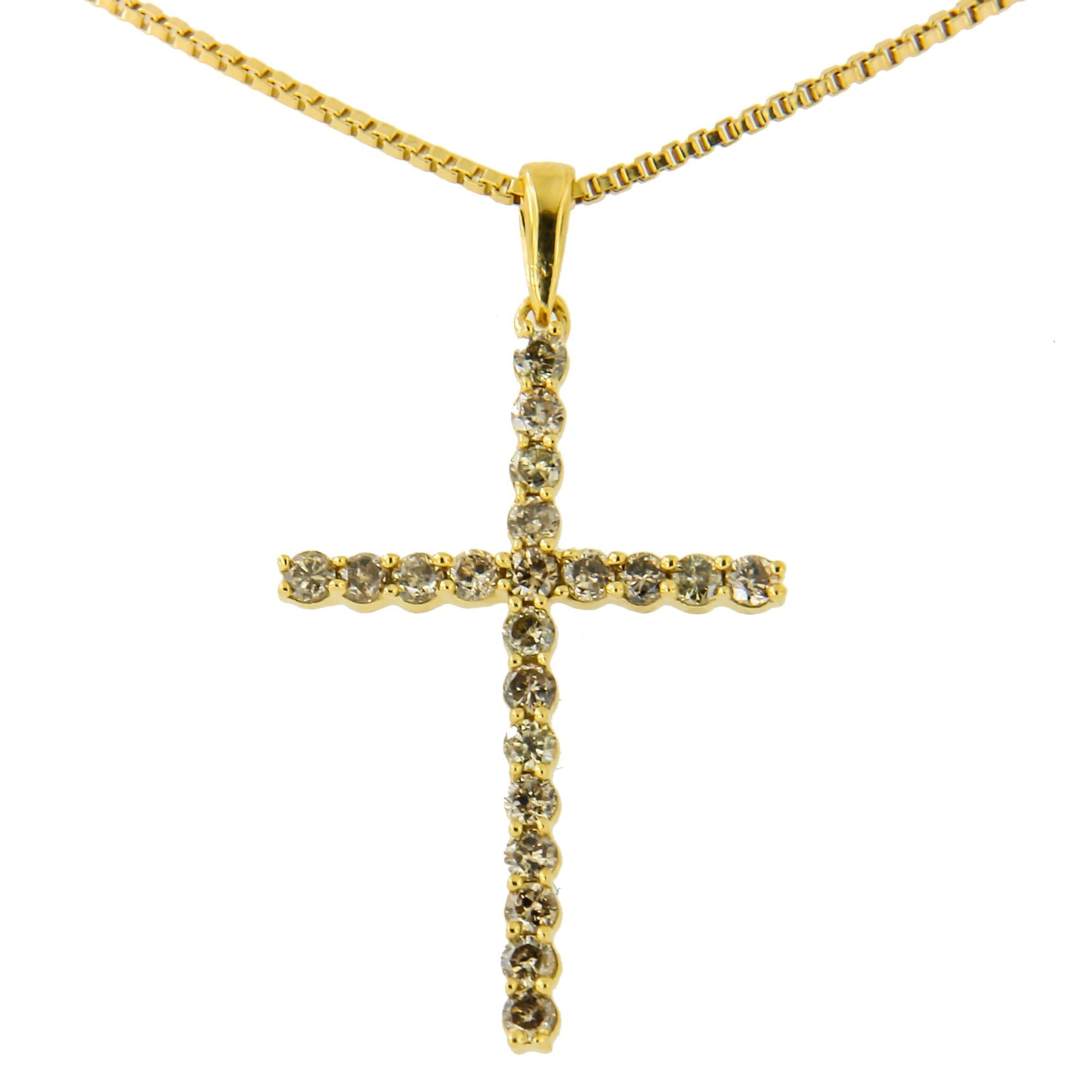 14K Yellow Gold Plated .925 Sterling Silver 1/2 Cttw Champagne Diamond Cross Pendant Necklace (K-L Color, I1-I2 Clarity) - 18" - Friggin Jewelry