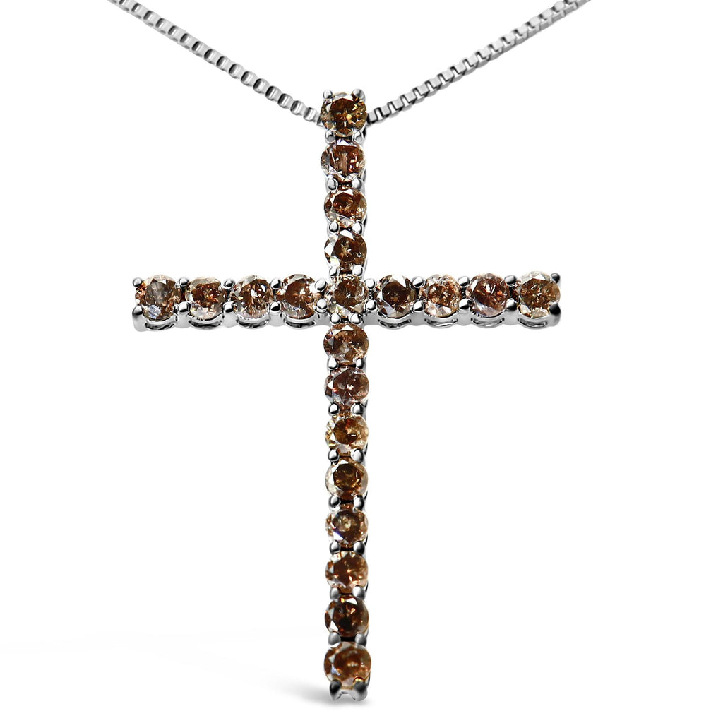 .925 Sterling Silver 1.0 Cttw Champagne Diamond Gold Cross Pendant Necklace for Women (Champagne Color, I1-I2 Clarity)- 18 inch - Friggin Jewelry