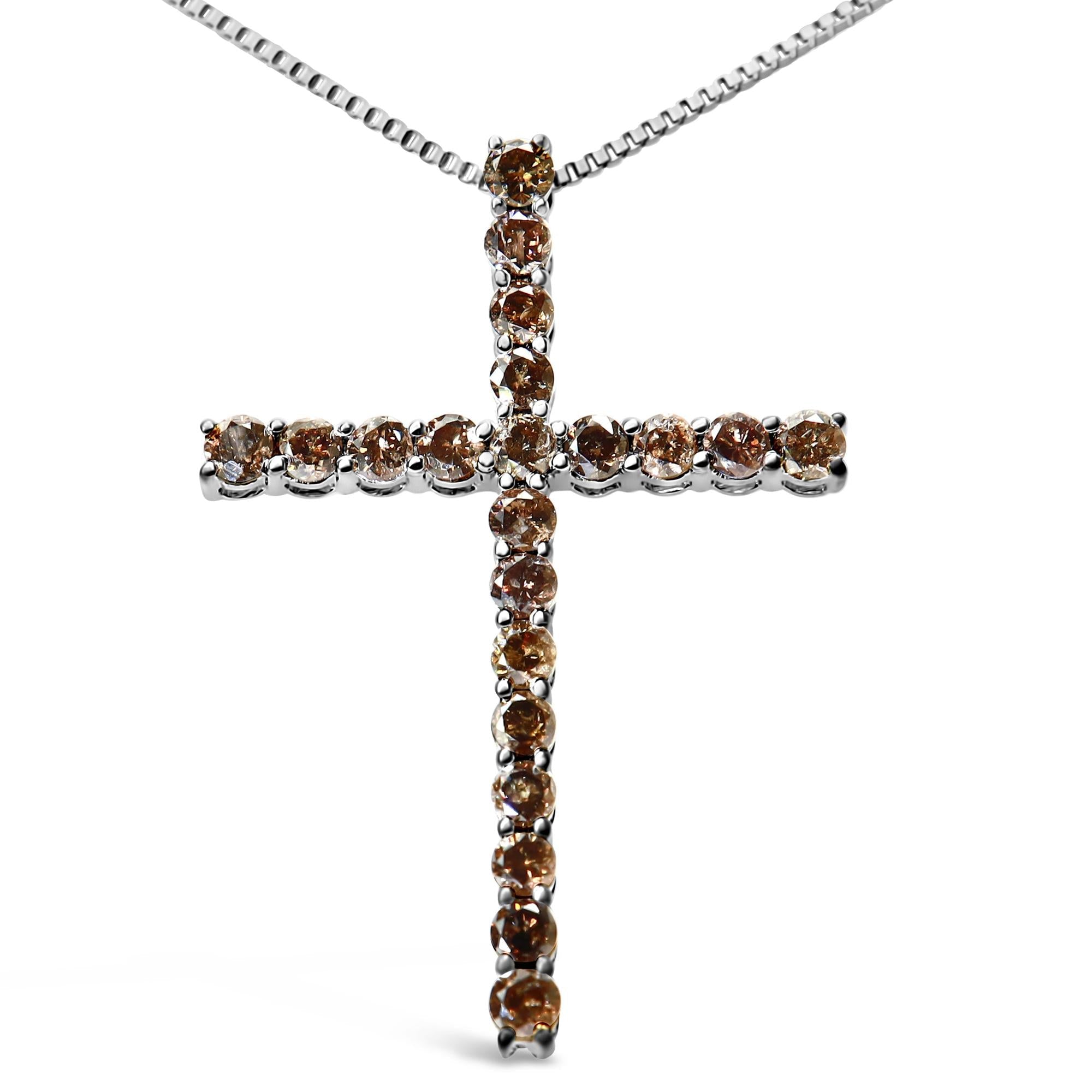 .925 Sterling Silver 1.0 Cttw Champagne Diamond Gold Cross Pendant Necklace for Women (Champagne Color, I1-I2 Clarity)- 18 inch - Friggin Jewelry