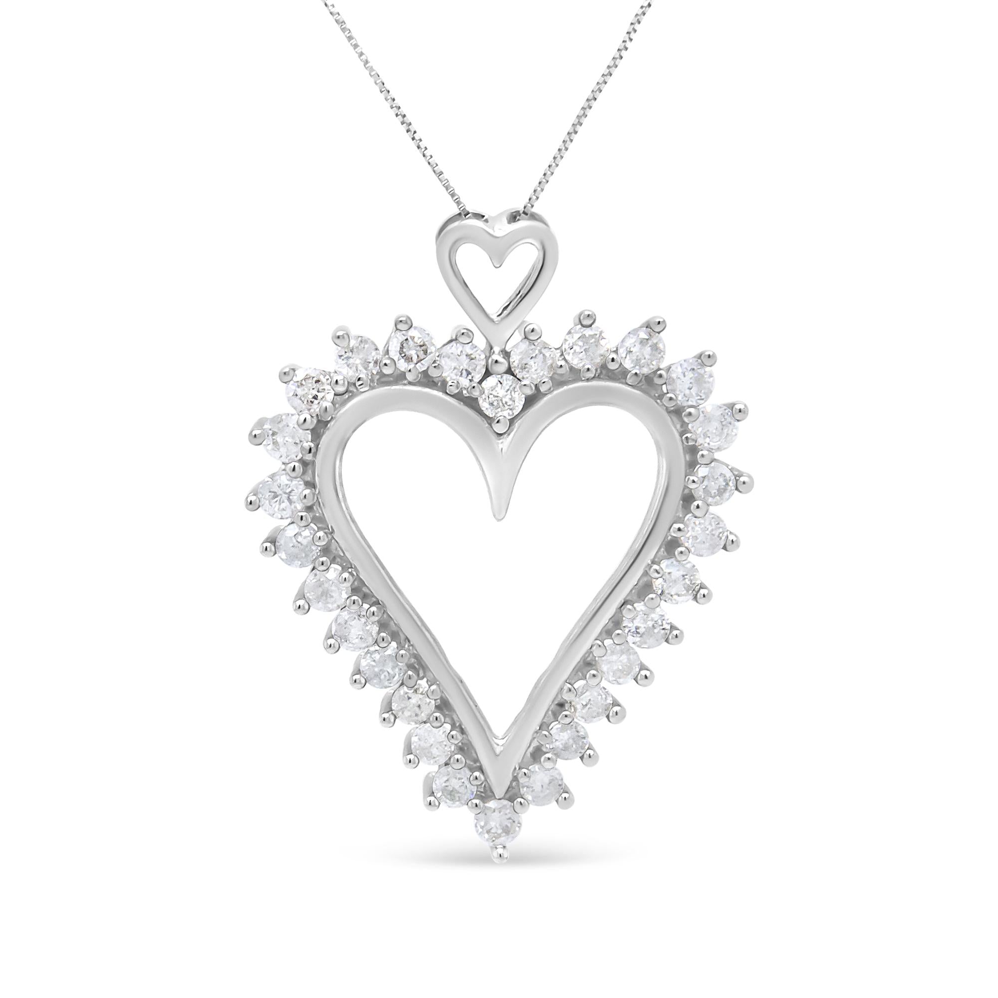 .925 Sterling Silver 1 3/4 Cttw Round Diamond Lined Open Heart Pendant 18" Necklace (I-J Color, I2-I3 Clarity) - Friggin Jewelry
