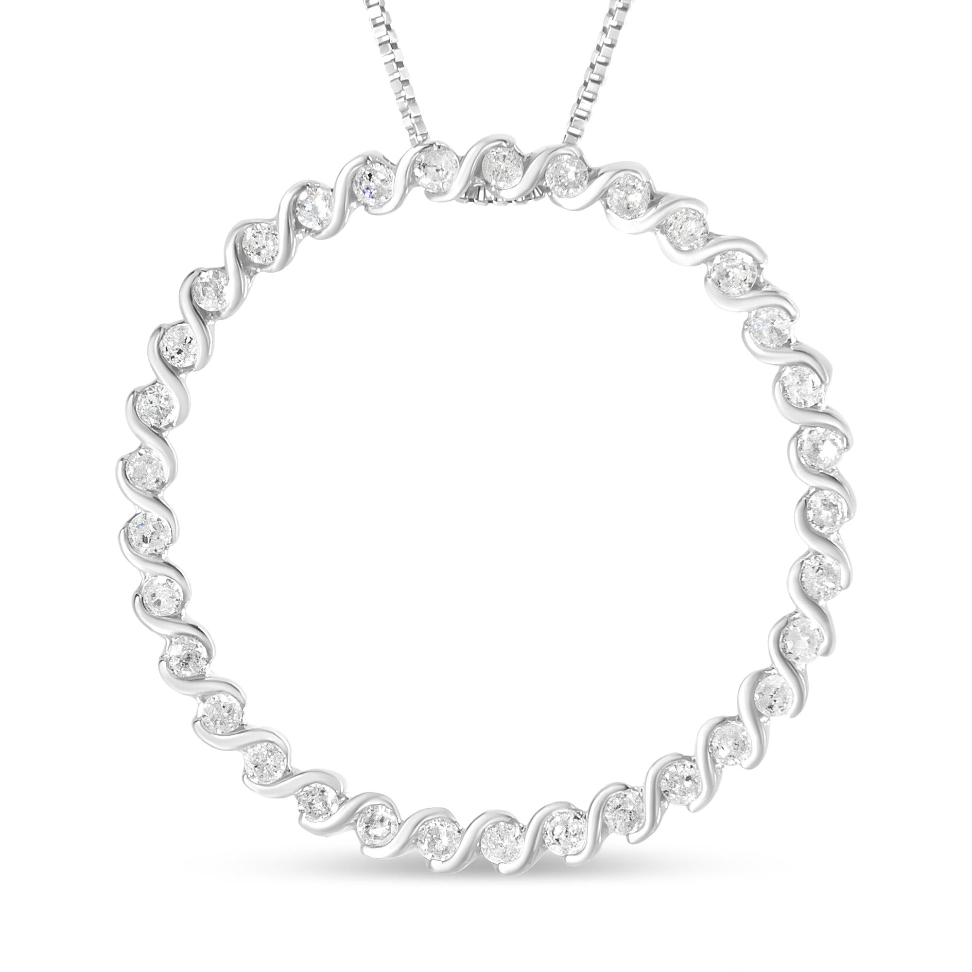 .925 Sterling Silver 3/4 Cttw Round Diamond Spiral Curved Circle Pendant 18" Necklace (I-J Color, I3 Clarity) - Friggin Jewelry