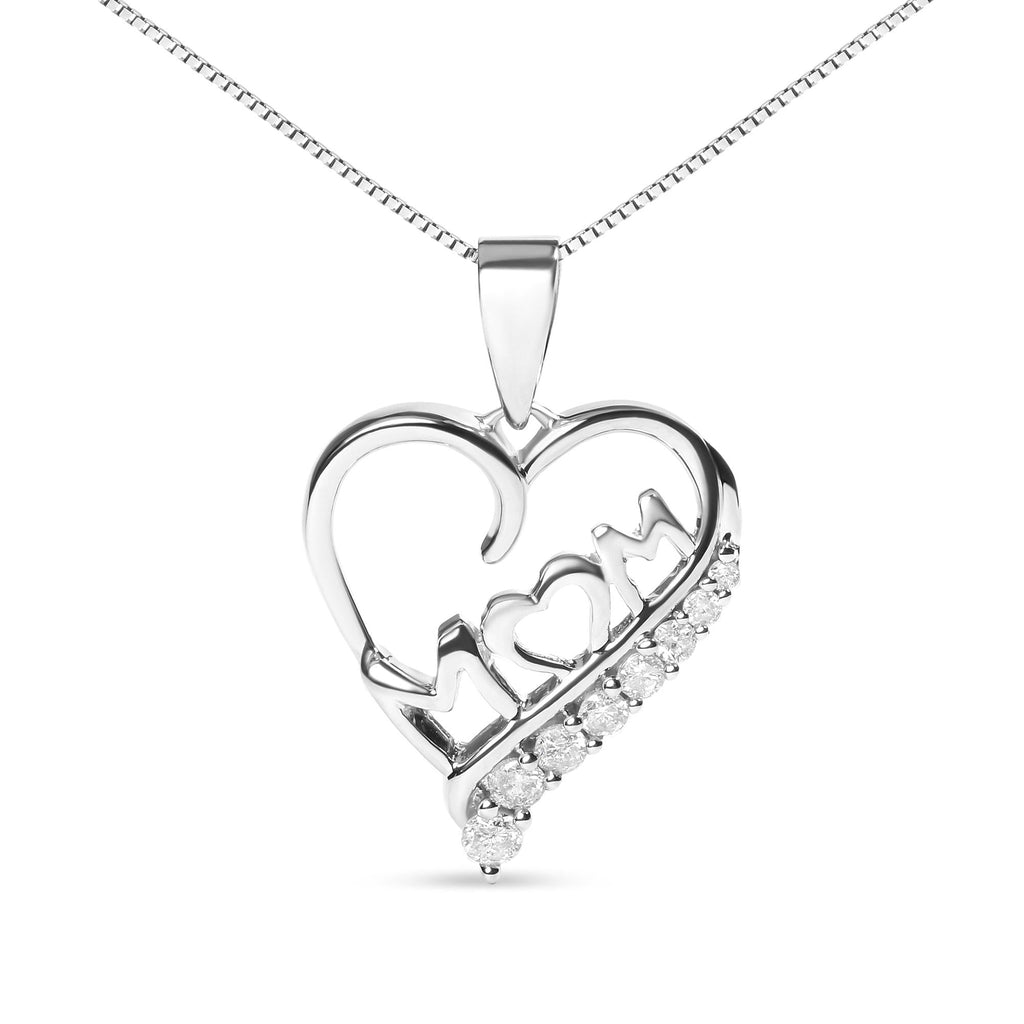 .925 Sterling Silver 1/4 Cttw Diamond  "Mom" and Open Heart 18" Pendant Necklace (I-J Color, I2-I3 Clarity) - Friggin Jewelry