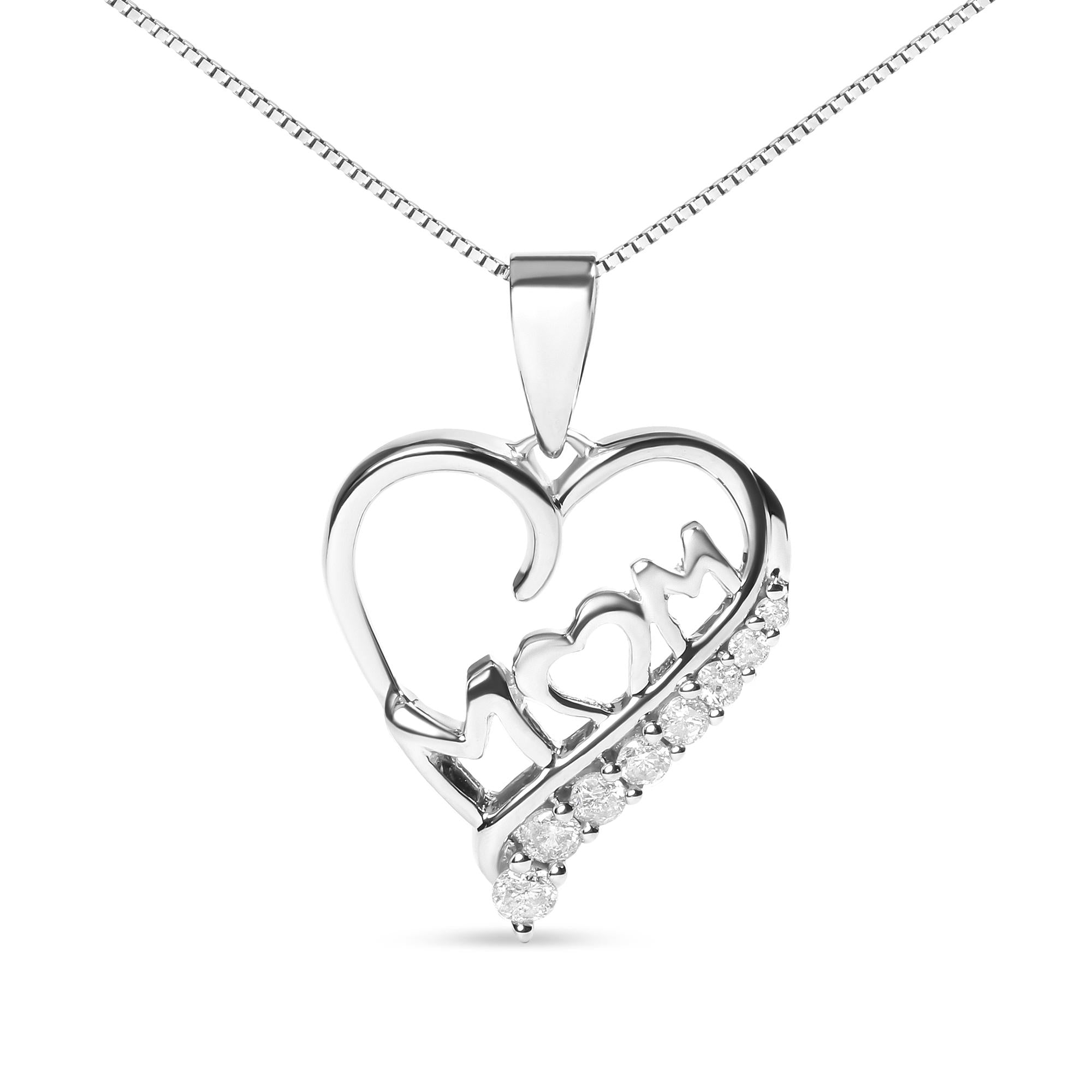.925 Sterling Silver 1/4 Cttw Diamond  "Mom" and Open Heart 18" Pendant Necklace (I-J Color, I2-I3 Clarity) - Friggin Jewelry