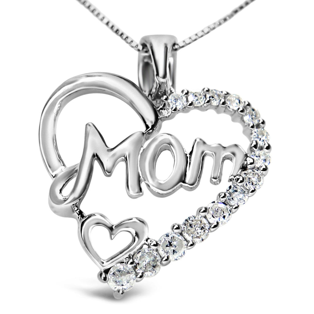 .925 Sterling Silver 1/4 Cttw Round Diamond "Mom" Heart Pendant 18" Necklace (I-J Color, I3 Clarity) - Mom - Friggin Jewelry