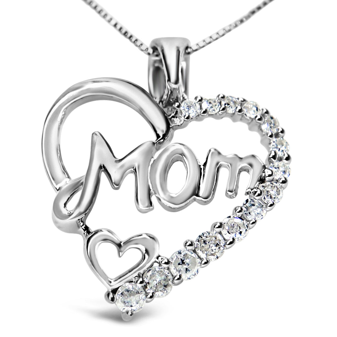.925 Sterling Silver 1/4 Cttw Round Diamond "Mom" Heart Pendant 18" Necklace (I-J Color, I3 Clarity) - Mom - Friggin Jewelry