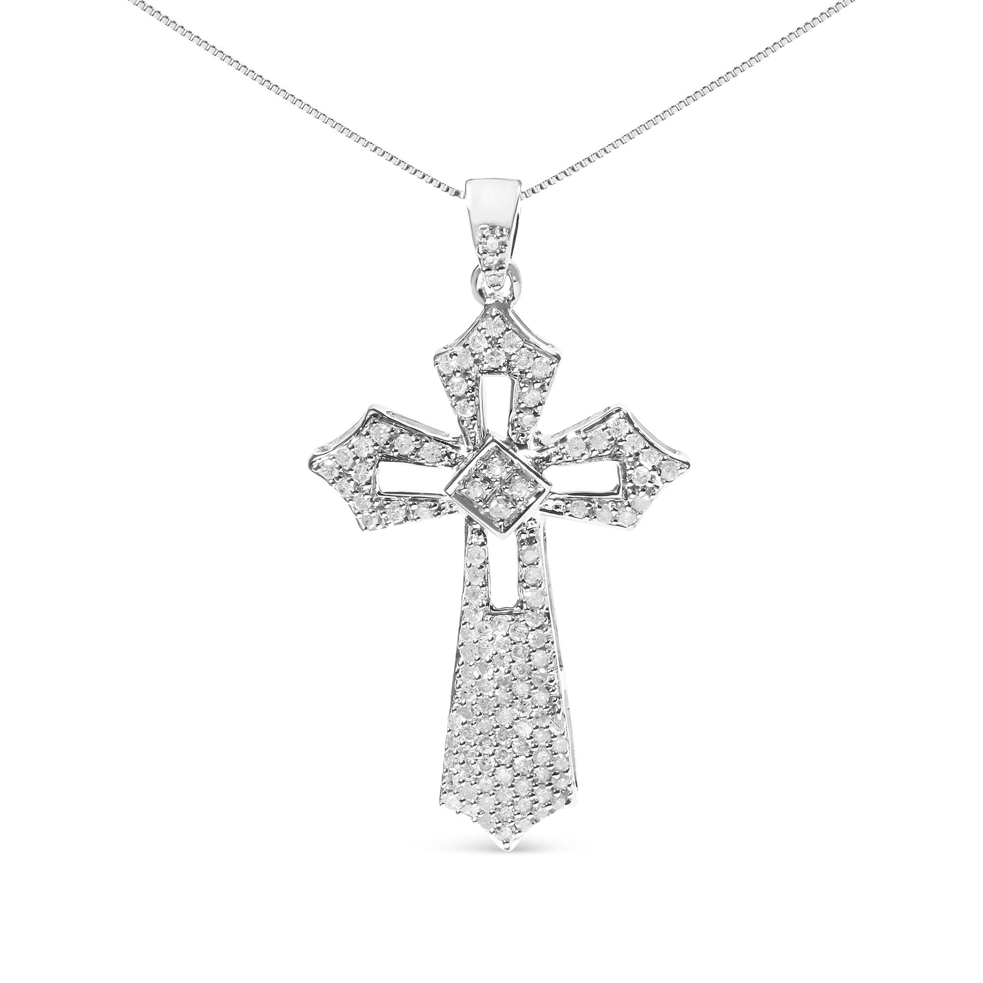 .925 Sterling Silver 1.00 Cttw Diamond Fleur De Lis Cross 18" Pendant Necklace (H-I Color, I2-I3 Clarity) - Friggin Jewelry