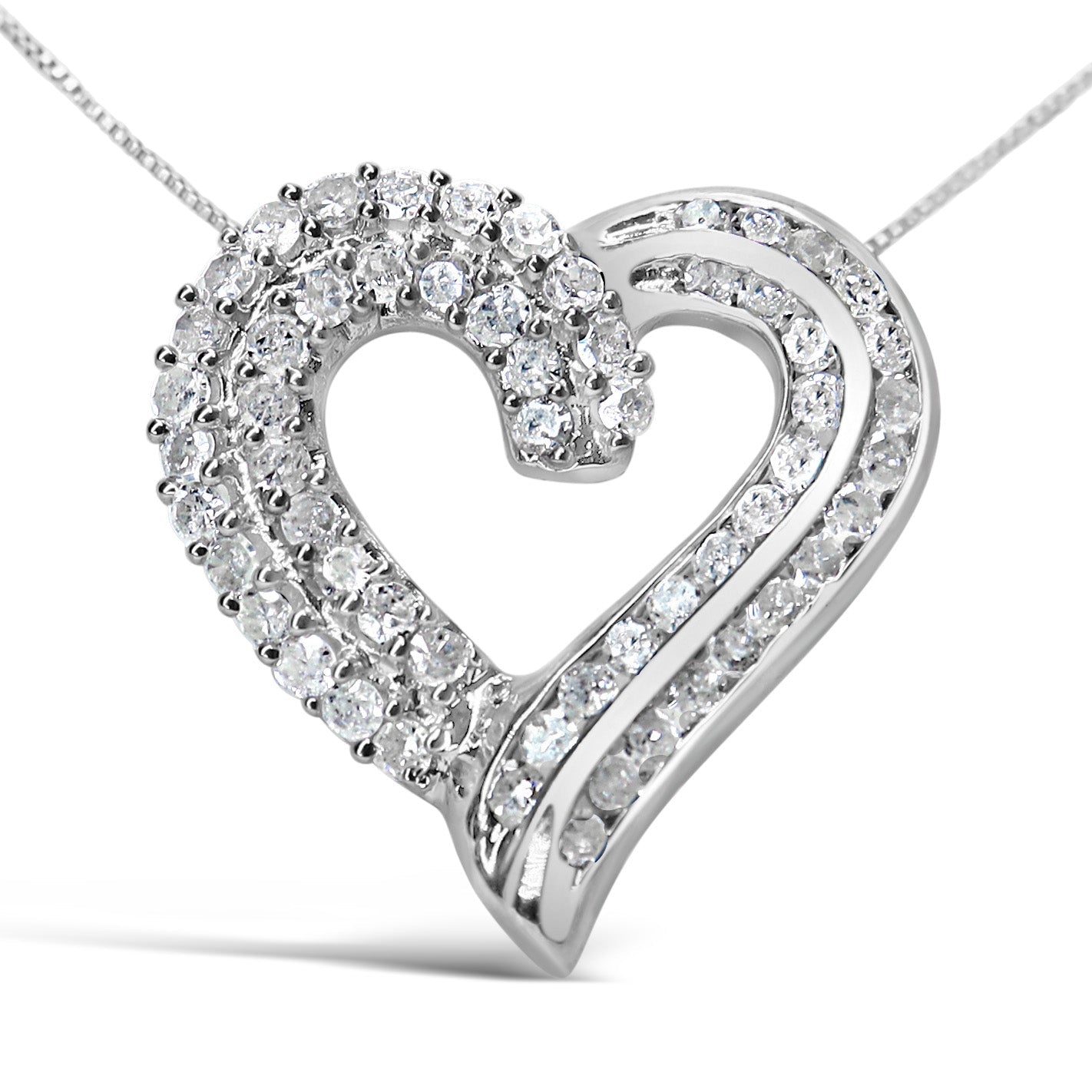 .925 Sterling Silver 1.0 Cttw Prong & Channel-Set Diamond Open work Ribbon Heart Pendant 18" Necklace (I-J Color, I3 Clarity) - Friggin Jewelry