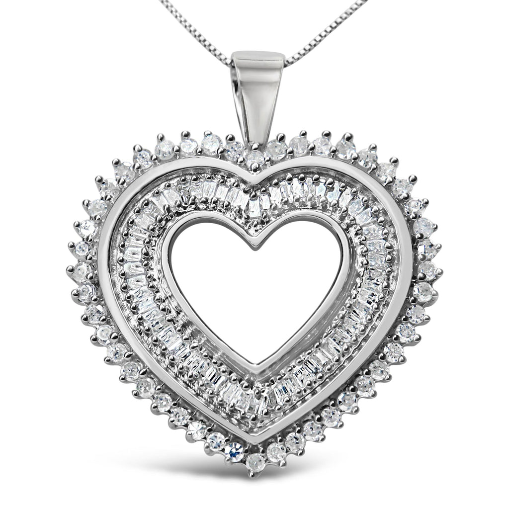 Collana con ciondolo a forma di cuore in argento sterling 925 da 1,0 ct con diamanti taglio baguette e taglio rotondo, lunghezza 18 pollici (colore HI, purezza I3) - Friggin Jewelry