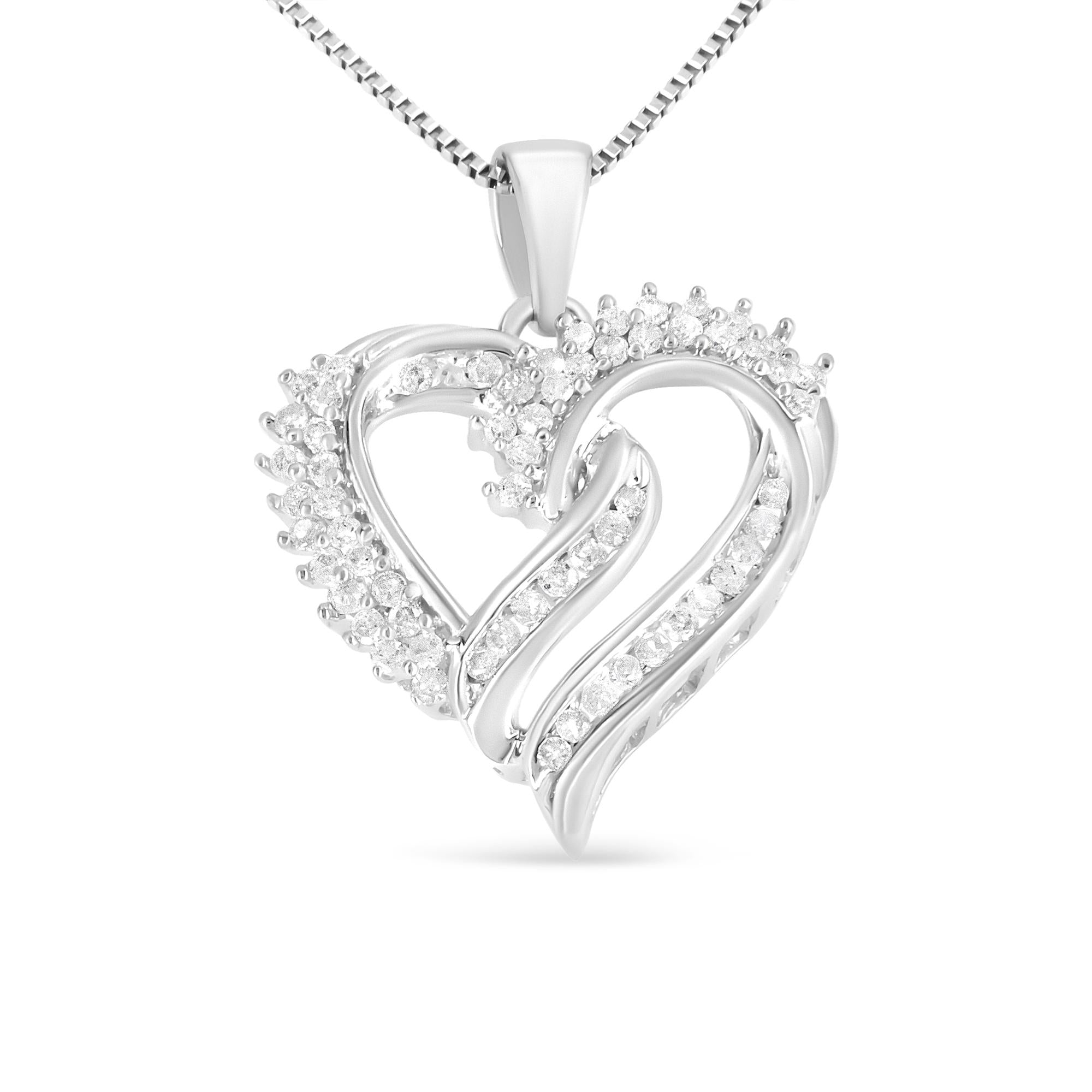 .925 Sterling Silver 1/2 Cttw Diamond Double Row Openwork Heart Pendant 18" Necklace (I-J Color, I3 Clarity) - Friggin Jewelry
