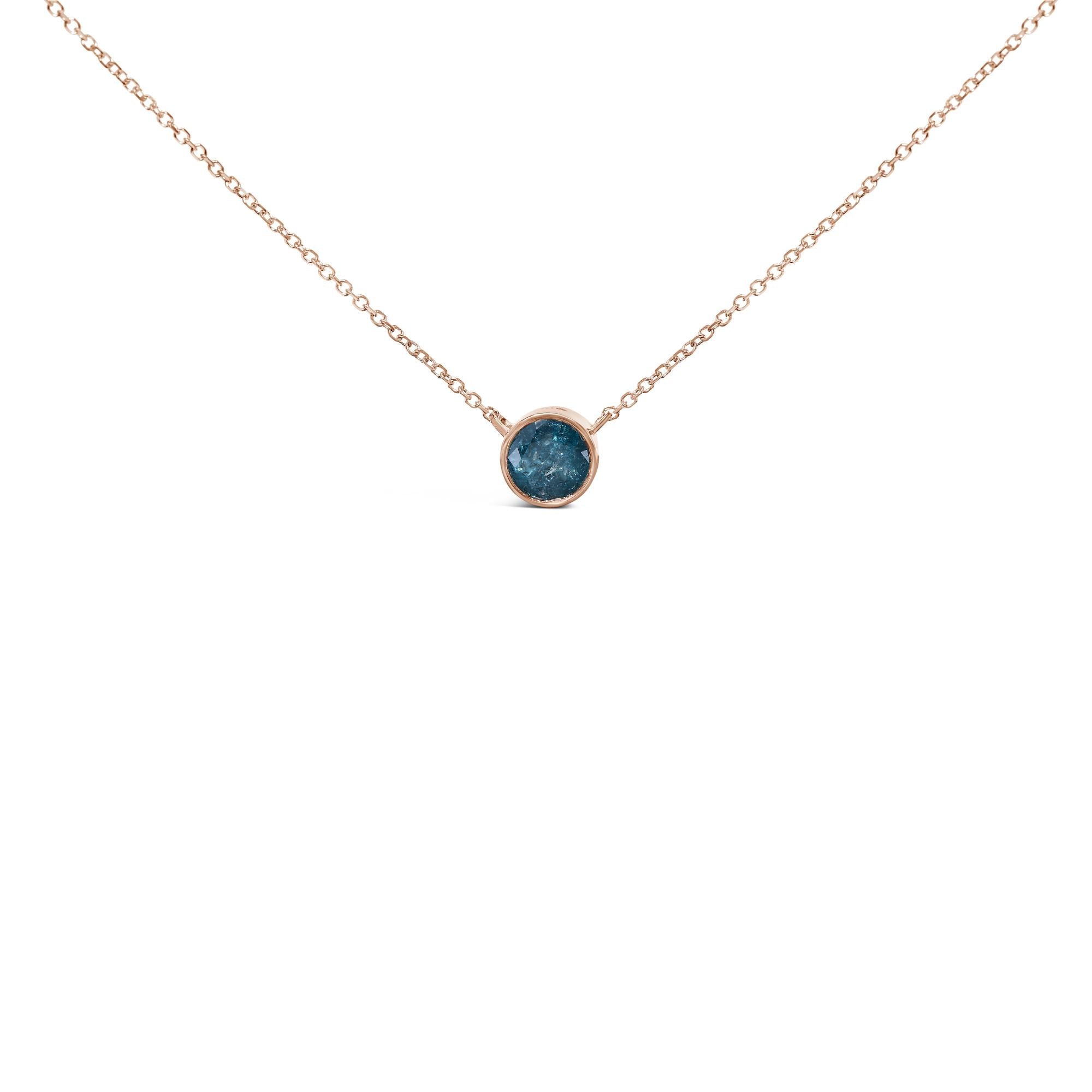 14K Rose Gold 2.0 Cttw Bezel Set Blue Diamond Solitaire Pendant Necklace  - 18" Inches - Friggin Jewelry