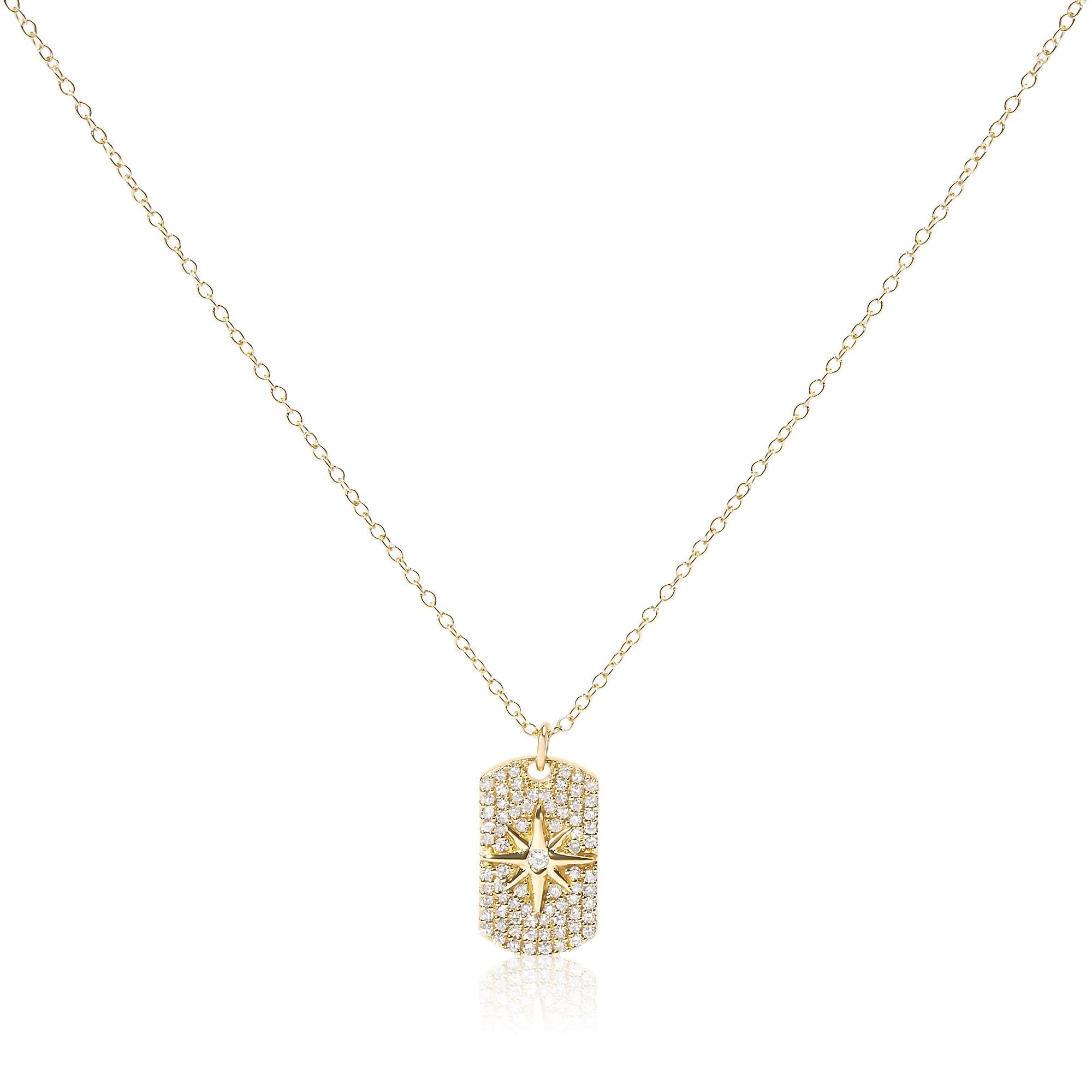 Collar con colgante de placa de identificación de estrella del norte de 45 cm en plata de ley 925 bañada en oro amarillo de 18 quilates con diamantes de 3/8 quilates (color IJ, claridad I2-I3) - Friggin Jewelry