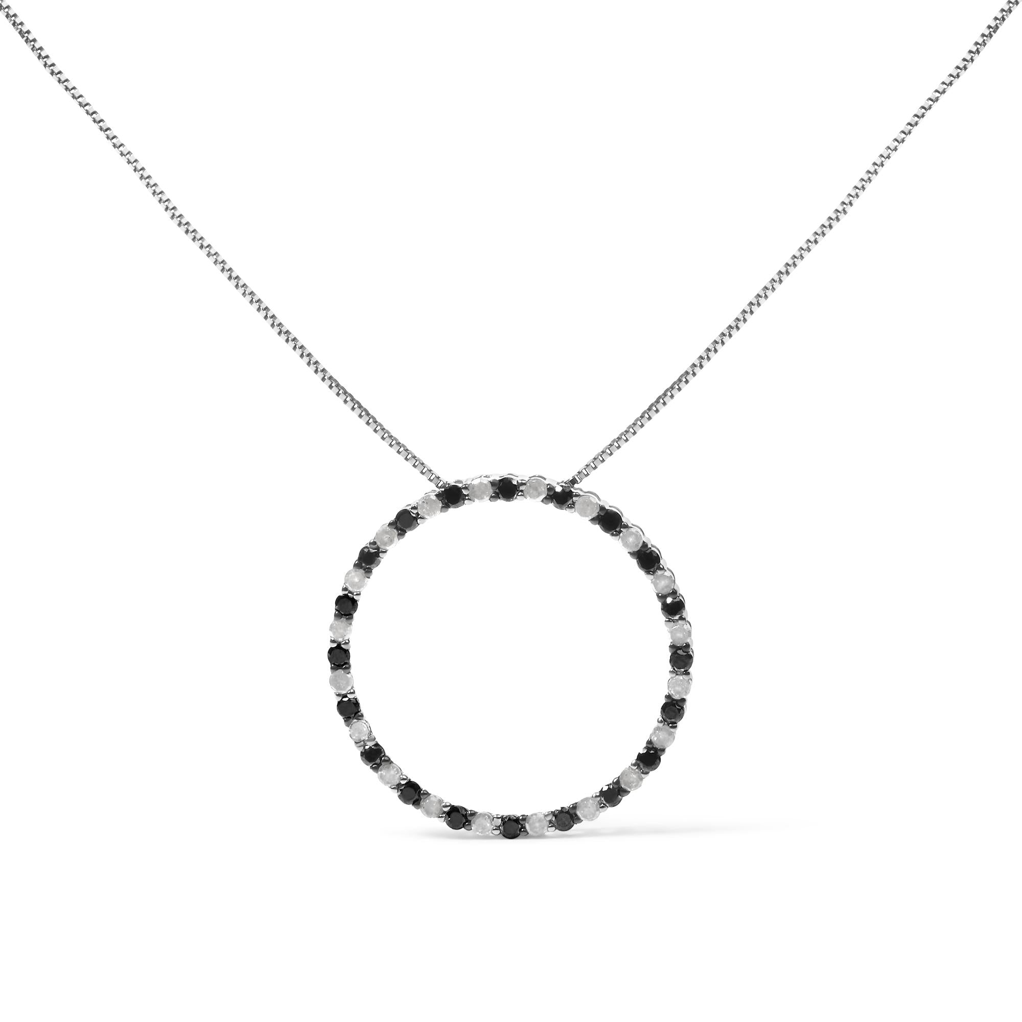 .925 Sterling Silver 1.0 Cttw Alternating Black and White Diamond Open Hoop Circle Pendant Necklace - 18" Inches - Friggin Jewelry