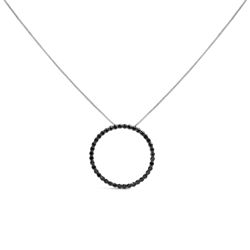 .925 Sterling Silver Black Diamond Open Hoop Circle 18" Pendant Necklace (Black Color, I2-I3 Clarity) - Friggin Jewelry