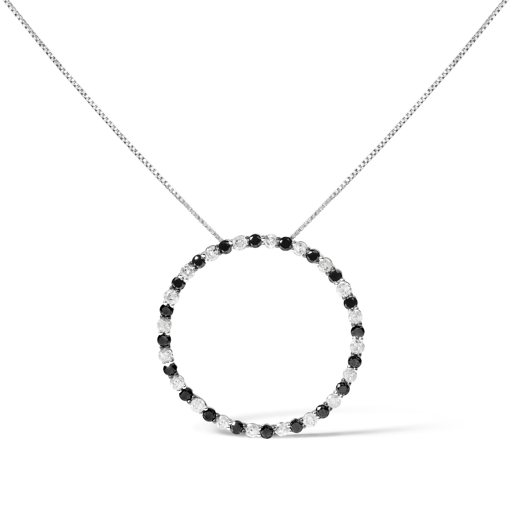 Collar con colgante circular de aro abierto con diamantes blancos y negros alternados de 2,0 quilates en plata de ley 925 (color HI, claridad I2-I3) - 45,7 cm - Friggin Jewelry