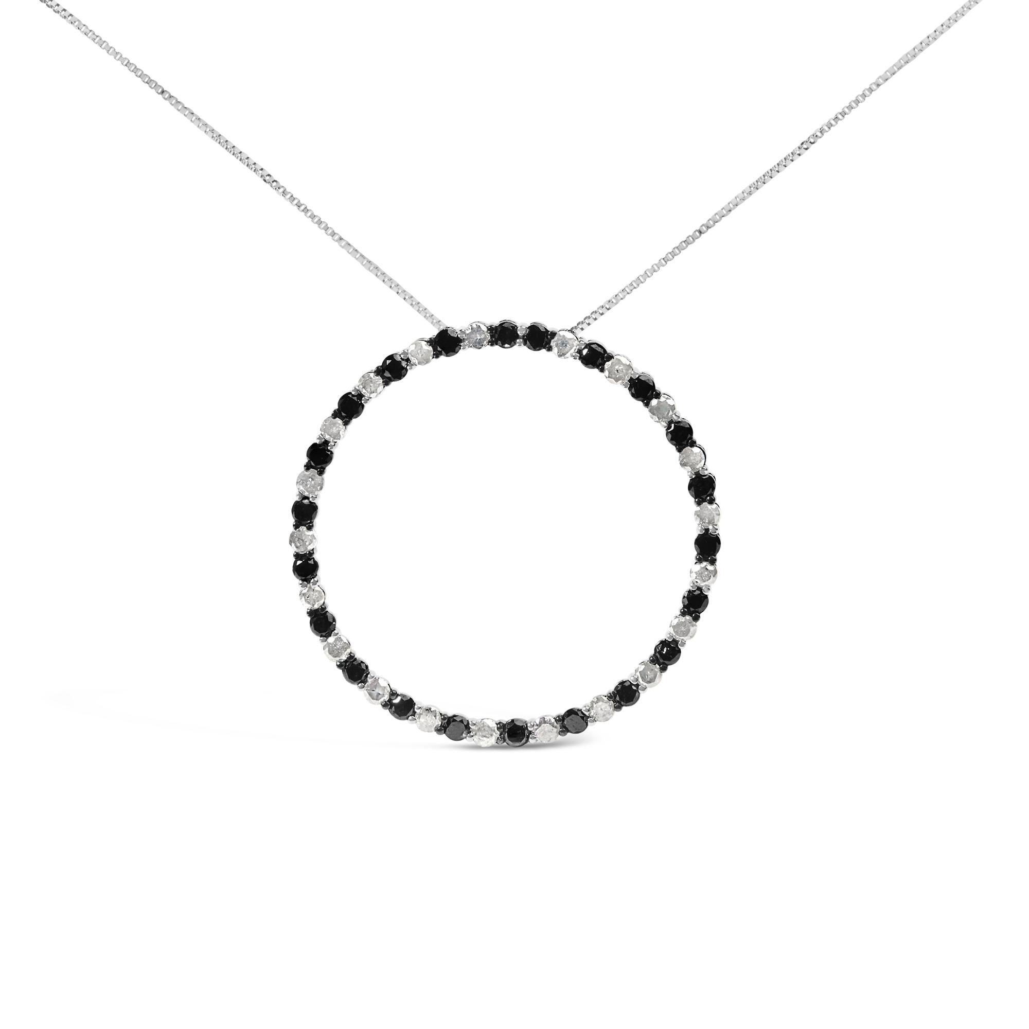 .925 Sterling Silver 3.0 Cttw Alternating Black and White Diamond Open Hoop Circle Pendant Necklace (H-I Color, I3 Clarity) - 18" Inches - Friggin Jewelry