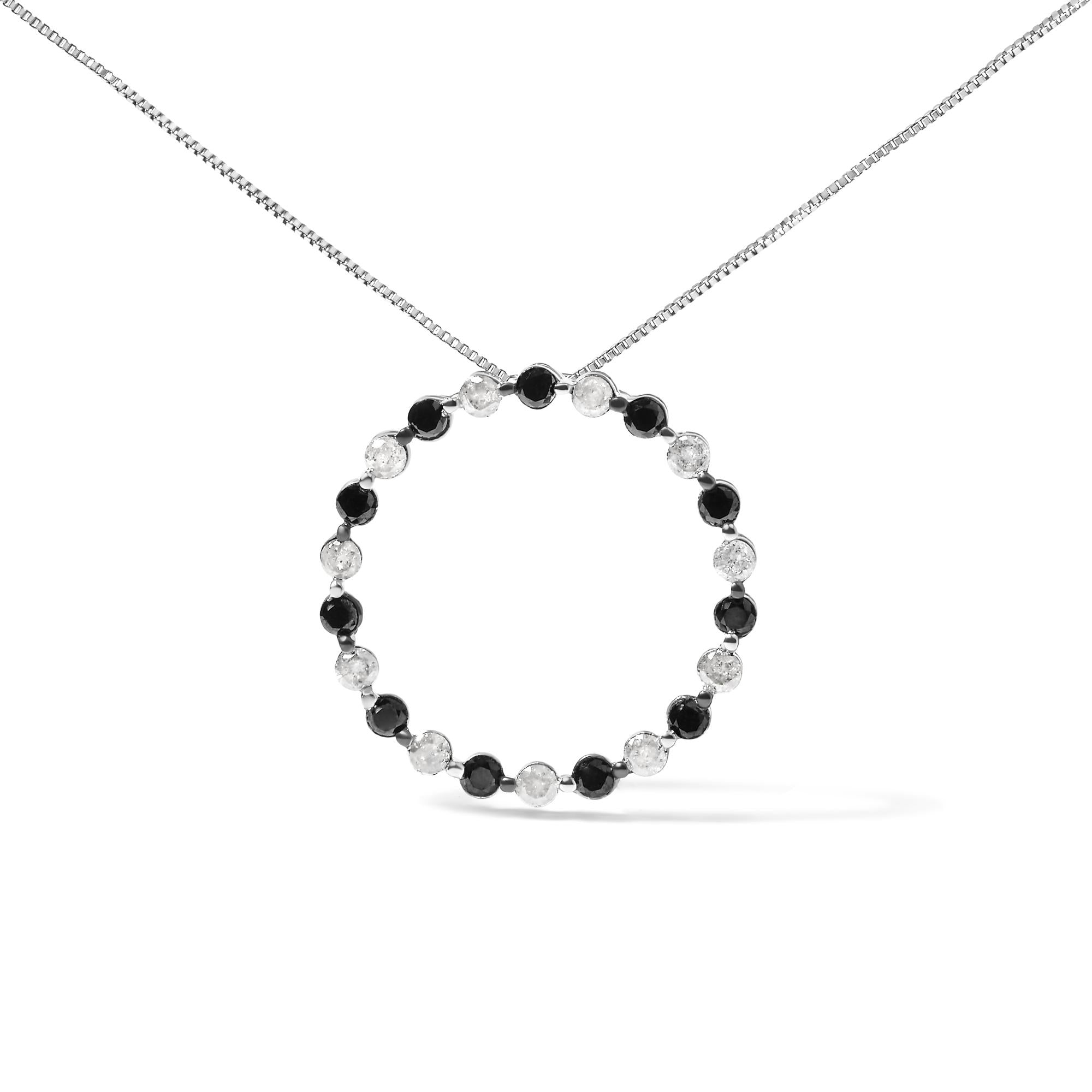 .925 Sterling Silver 1 3/4 Cttw Alternating Black and White Diamond Open Circle Hoop Pendant Necklace (H-I Color, I2-I3 Clarity) - 18" Inches - Friggin Jewelry