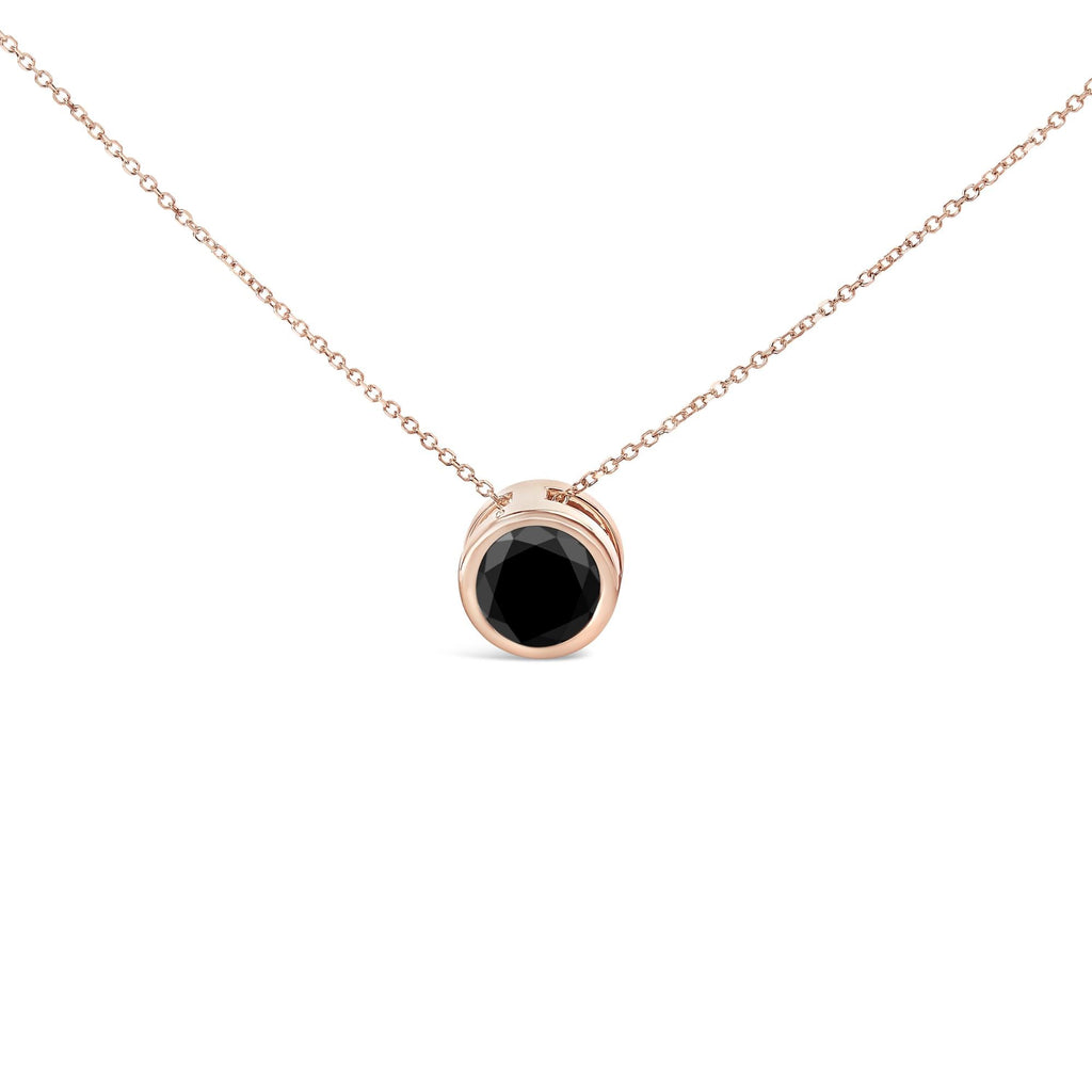 14K Rose Gold Bezel-Set Black Round Diamond Solitaire Pendant Necklace (Black Color, I2-I3 Clarity) - 18" - Friggin Jewelry Premium