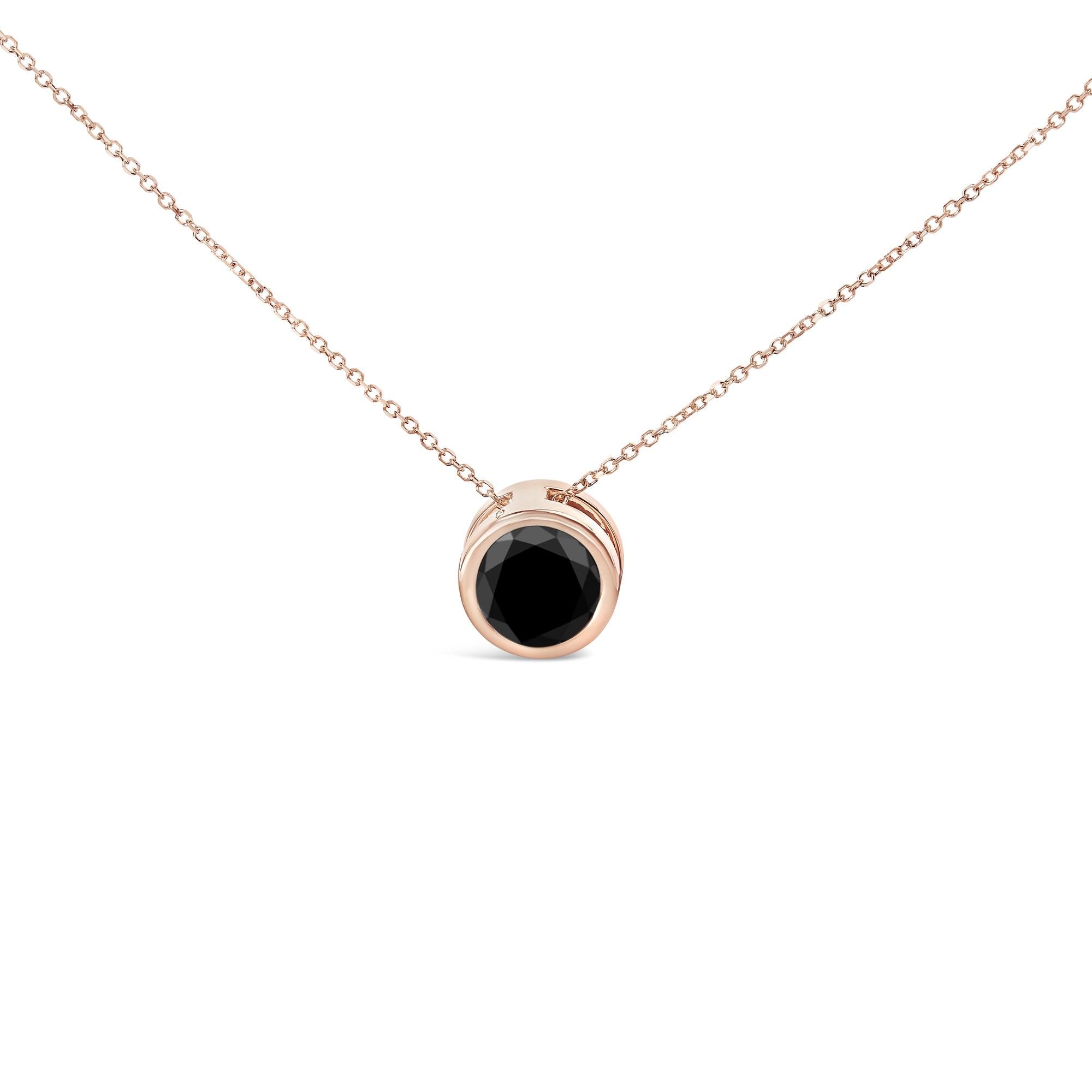 14K Rose Gold Bezel-Set Black Round Diamond Solitaire Pendant Necklace (Black Color, I2-I3 Clarity) - 18" - Friggin Jewelry Premium