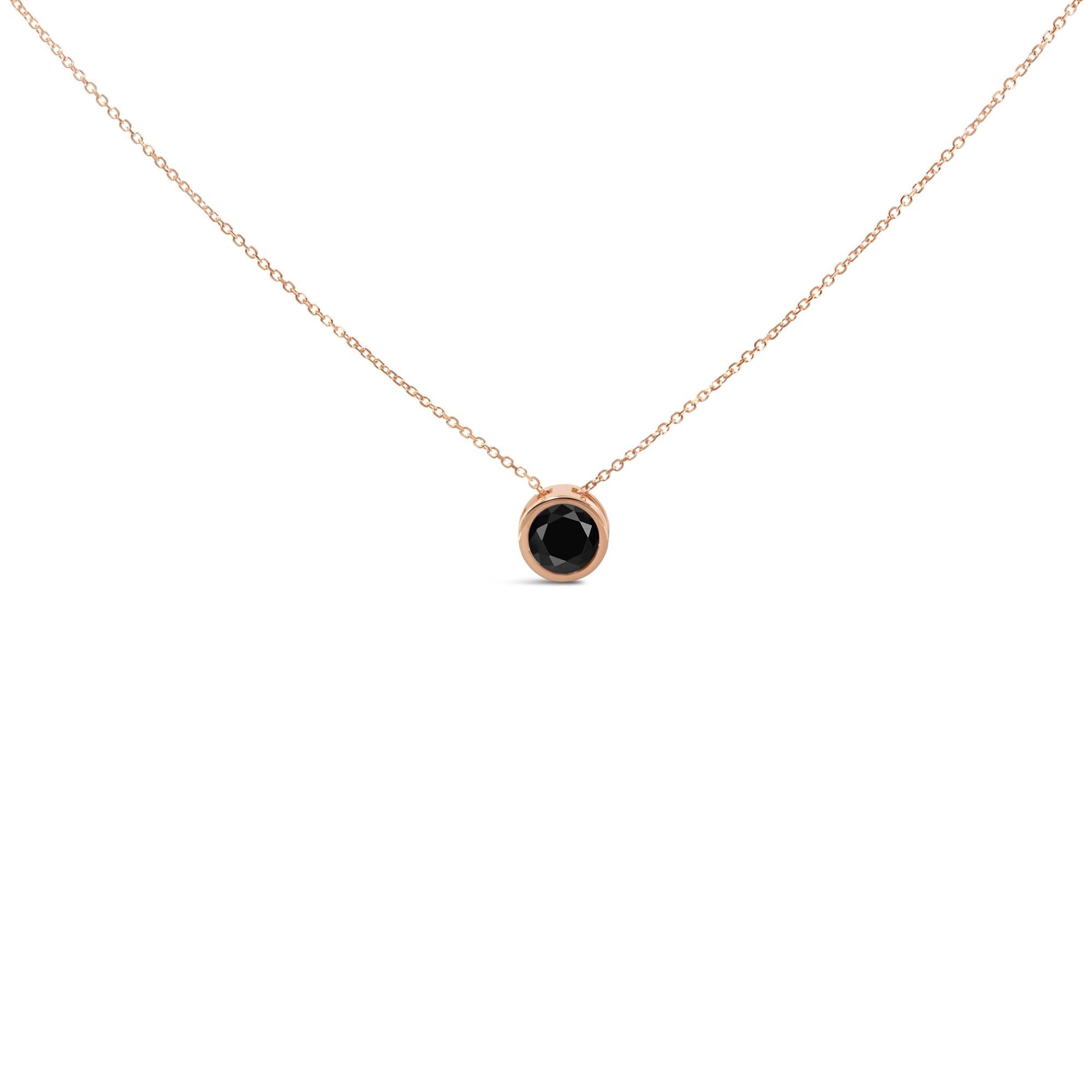 14K Rose Gold Bezel-Set Black Round Diamond Solitaire Pendant Necklace (Black Color, I2-I3 Clarity) - 18" - Friggin Jewelry Premium