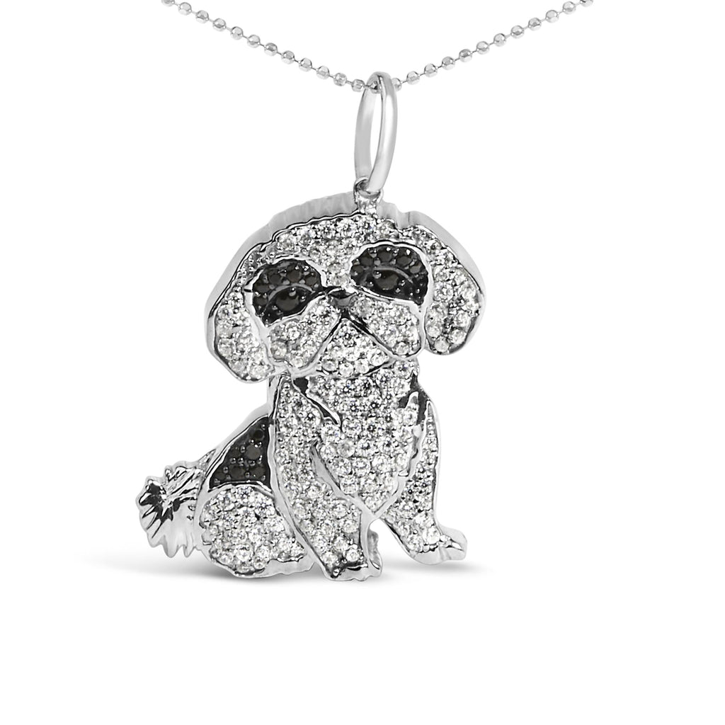 .925 Sterling Silver 1 1/4 Cttw Diamond Shih Tzu Dog Pendant Necklace 18 inch (Black and I-J Color, I2-I3 Clarity) - Friggin Jewelry
