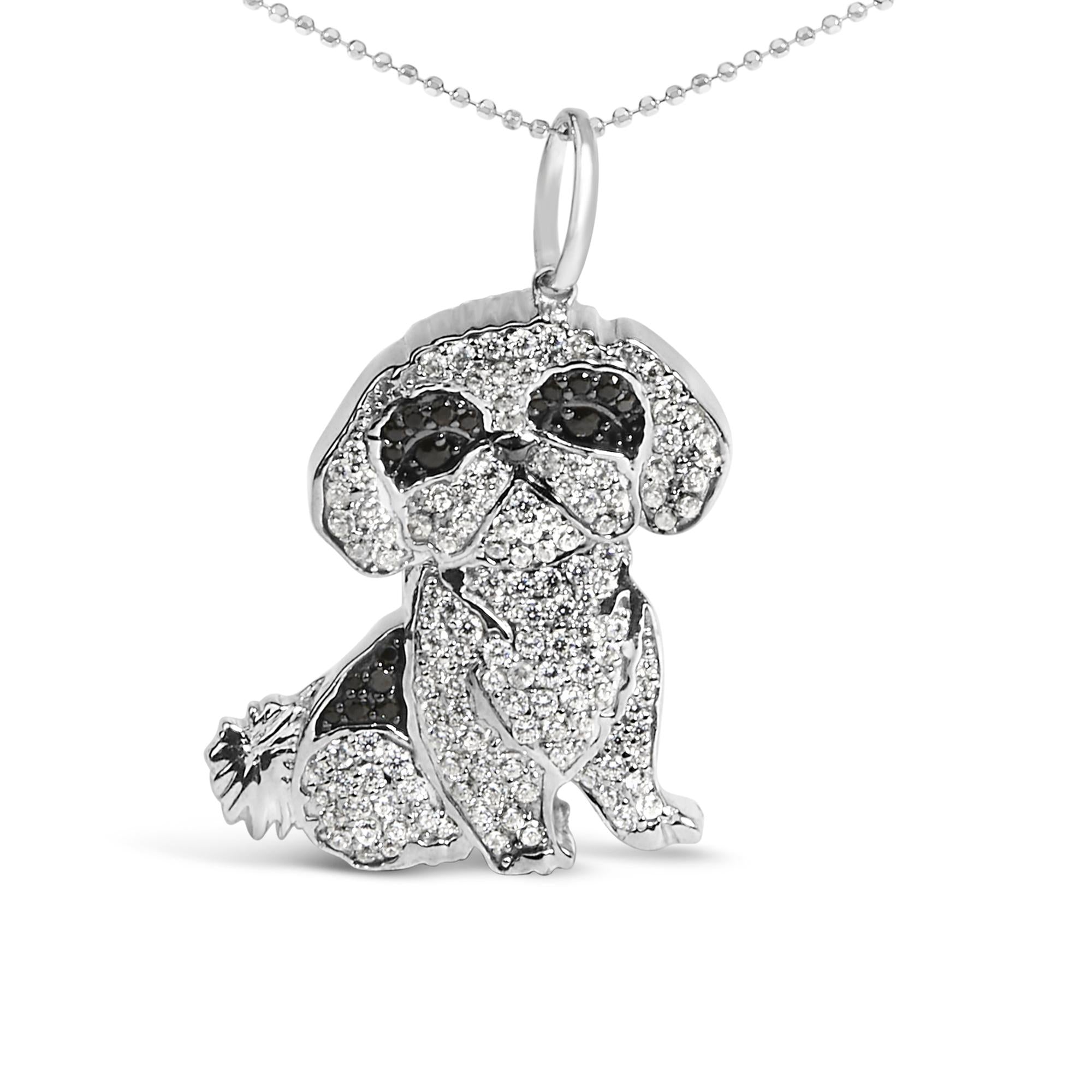 .925 Sterling Silver 1 1/4 Cttw Diamond Shih Tzu Dog Pendant Necklace 18 inch (Black and I-J Color, I2-I3 Clarity) - Friggin Jewelry