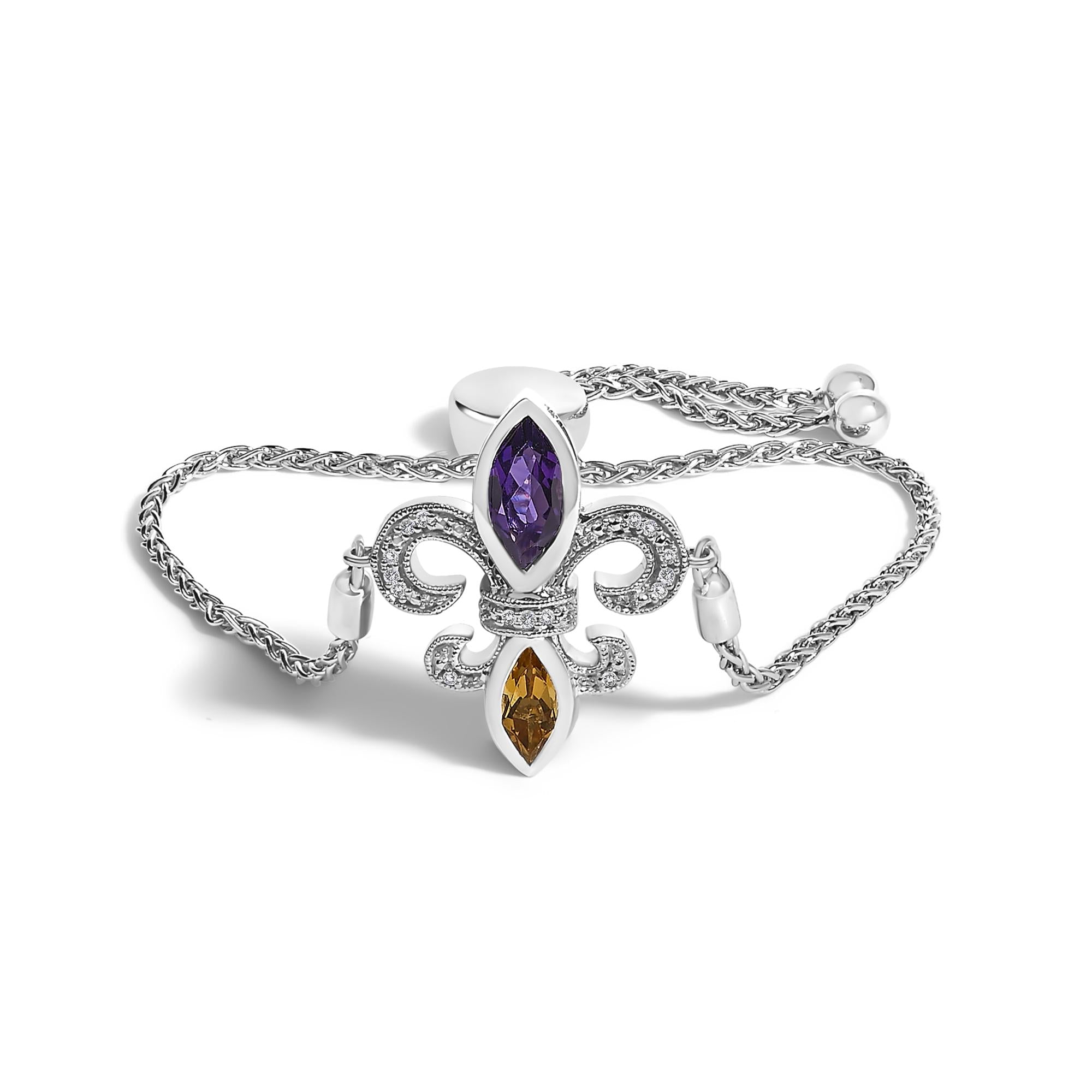 Pulsera bolo ajustable con flor de lis de 10 a 25 cm en plata de ley 925 con amatista morada, citrino naranja y detalles de diamantes (color IJ, claridad I1-I2) - Friggin Jewelry