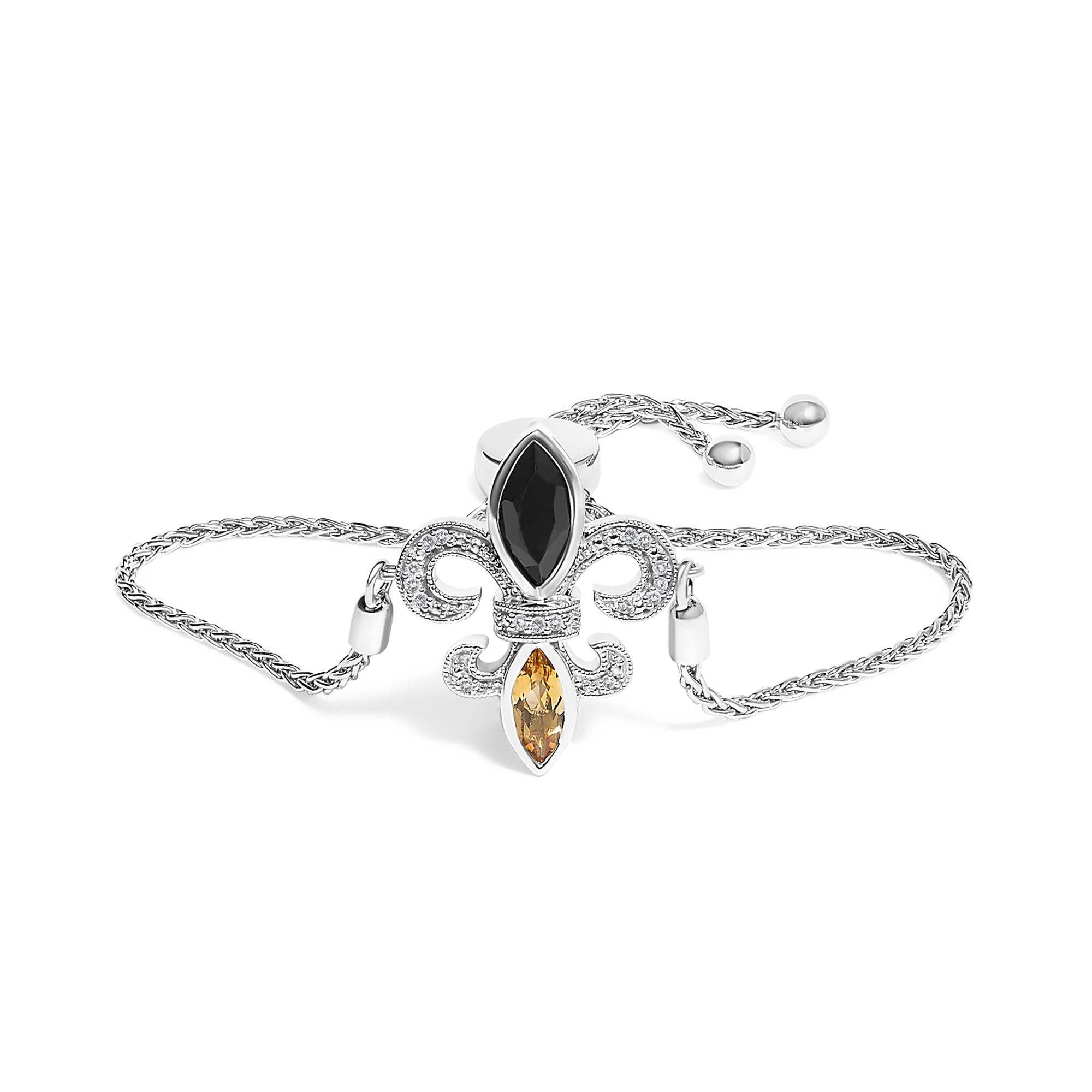.925 Sterling Silver Marquise Black Onyx, Orange Citrine, and Diamond Accent Lariat 4”-10” Fleur De Lis Adjustable Bolo Bracelet (I-J Color, I1-I2 Clarity) - 7" - Friggin Jewelry