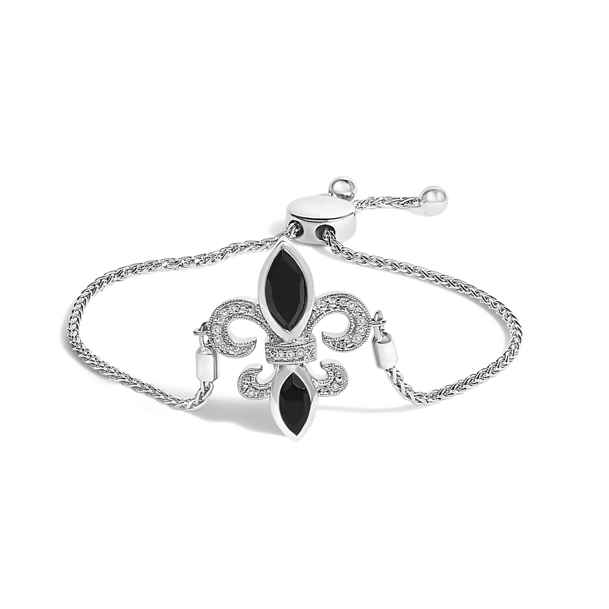 Pulsera bolo ajustable con flor de lis de 10 a 25 cm en plata de ley 925 con ónix negro marquesa y detalles de diamantes (color IJ, claridad I1-I2) - Friggin Jewelry