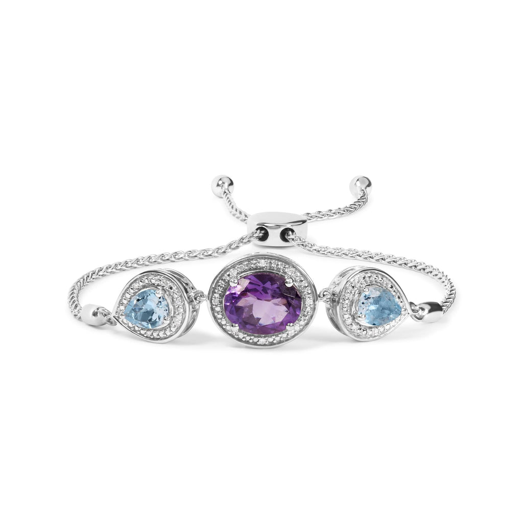 Pulsera bolo ajustable de plata de ley 925 con amatista ovalada y topacio azul pera, con detalle de diamante, de 10 a 25 cm (color HI, claridad SI1-SI2) - Friggin Jewelry