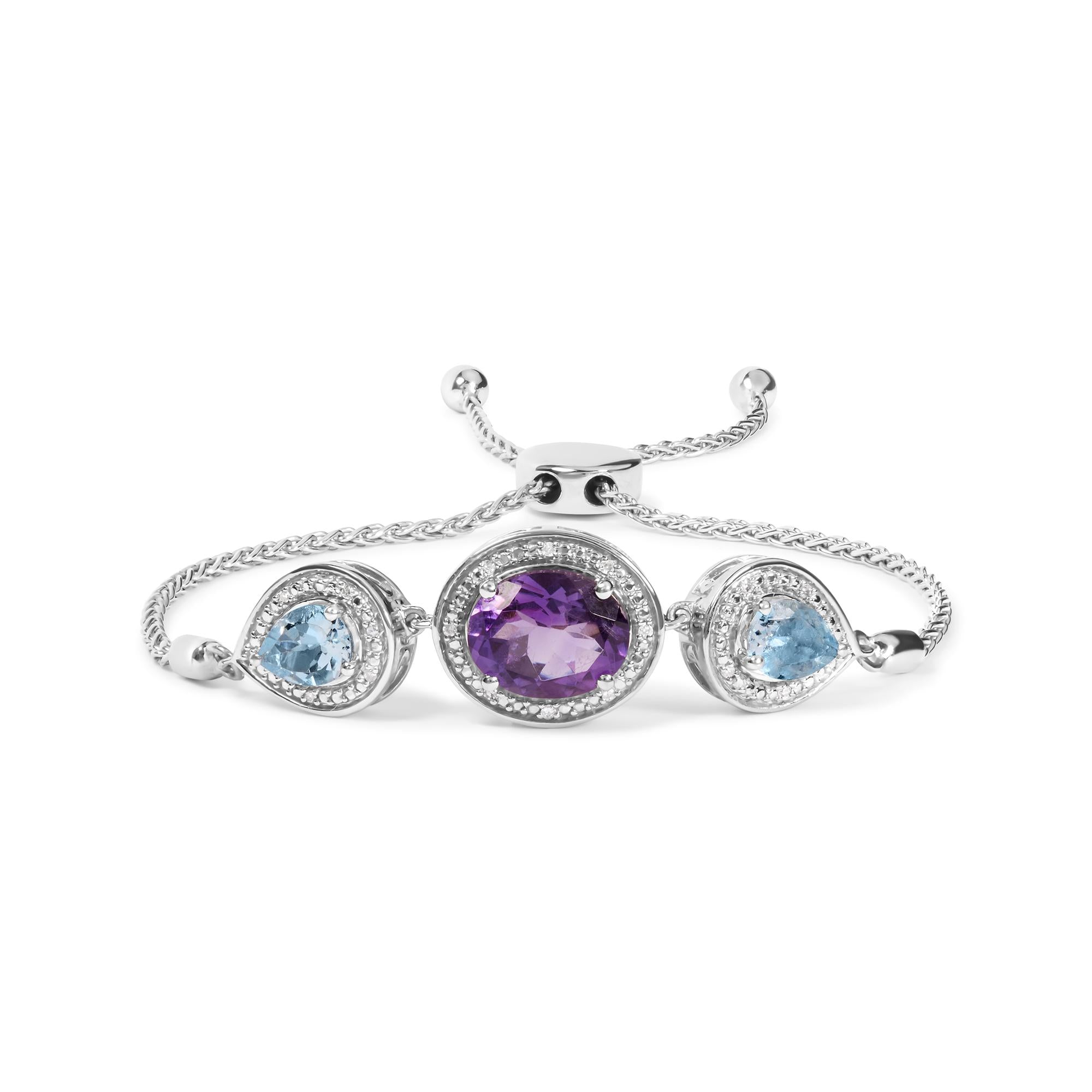 Pulsera bolo ajustable de plata de ley 925 con amatista ovalada y topacio azul pera, con detalle de diamante, de 10 a 25 cm (color HI, claridad SI1-SI2) - Friggin Jewelry