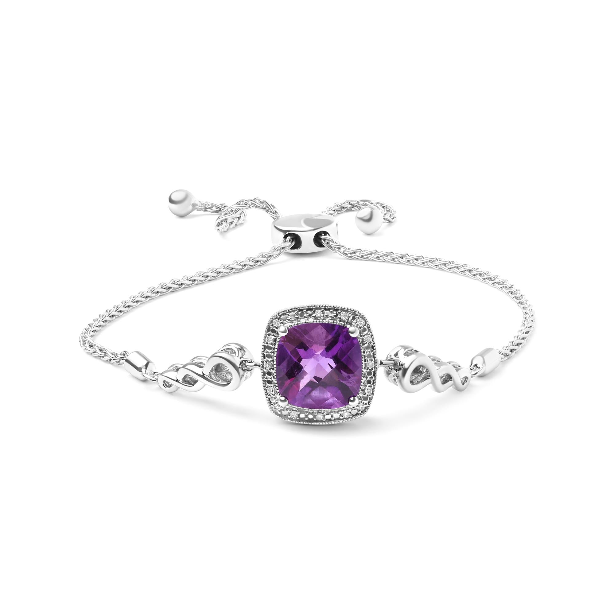 .925 Sterling Silver 10mm Cushion Cut Amethyst Gemstone and Diamond Accent Lariat 4”-10” Adjustable Bolo Bracelet (H-I Color, SI1-SI2 Clarity) - Friggin Jewelry