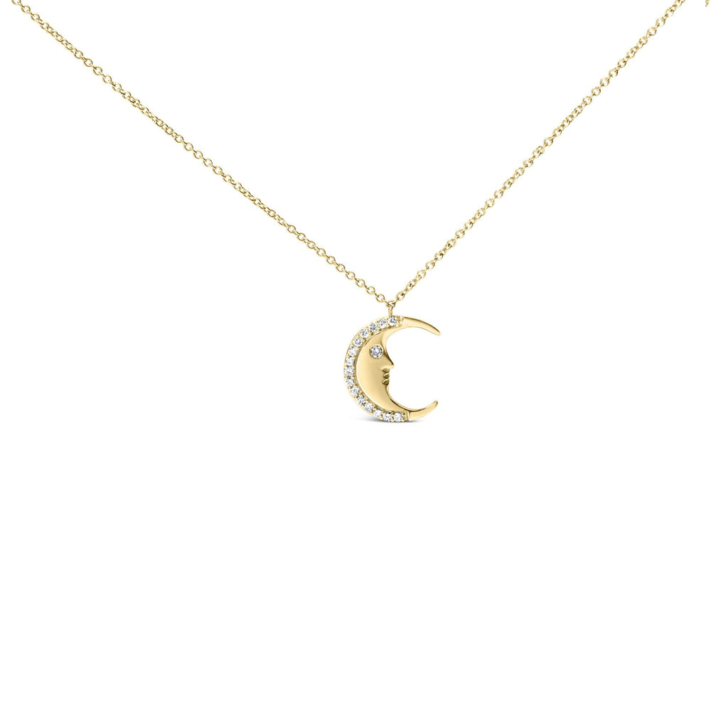 14K Yellow Gold 1/10 Cttw Diamond Crescent Man on the Moon 18" Pendant Necklace (H-I Color, SI1-SI2 Clarity) - Friggin Jewelry