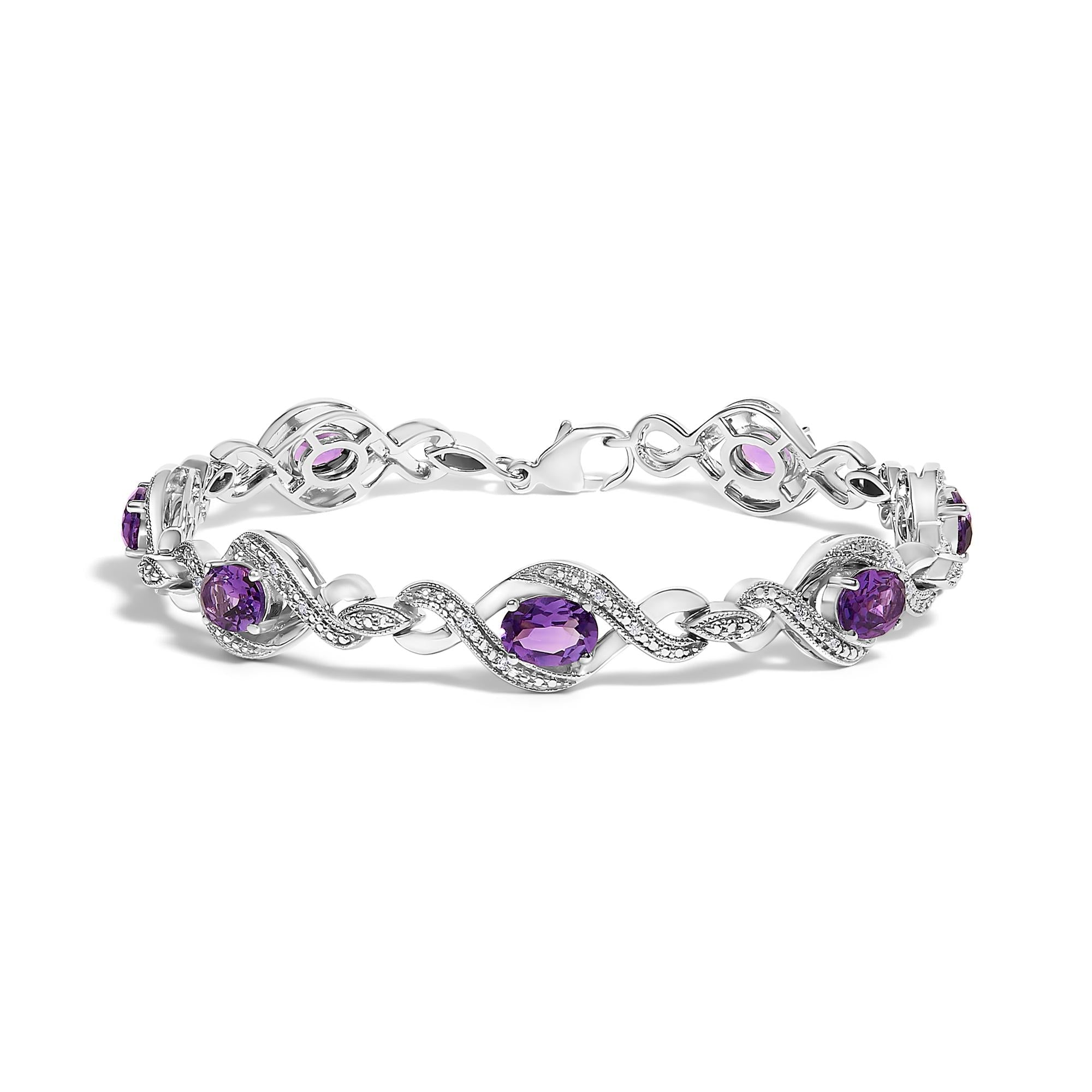 Pulsera de tenis en plata de ley 925 con diamantes redondos naturales de 1/10 ct y cruz de amatista ovalada de 7 x 5 mm (color IJ, claridad I1-I2) - 18 cm - Friggin Jewelry