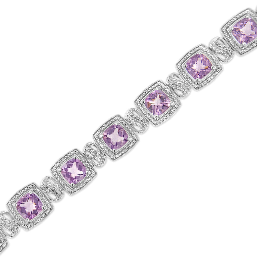 Pulsera de tenis de plata de ley 925 de 7 x 7 mm con amatista morada de talla cojín y 1/10 ct de diamante redondo de forma cuadrada (color IJ, claridad I1-I2) - 18 cm - Friggin Jewelry
