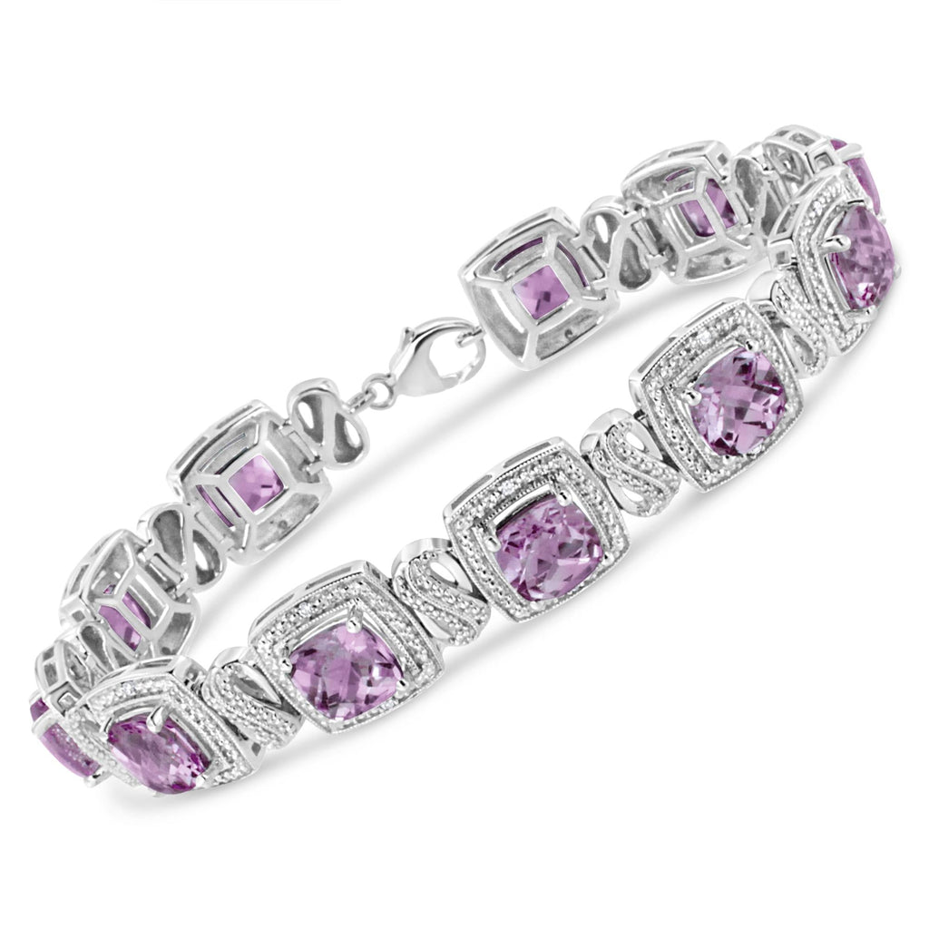 Pulsera de tenis de plata de ley 925 de 7 x 7 mm con amatista morada de talla cojín y 1/10 ct de diamante redondo de forma cuadrada (color IJ, claridad I1-I2) - 18 cm - Friggin Jewelry