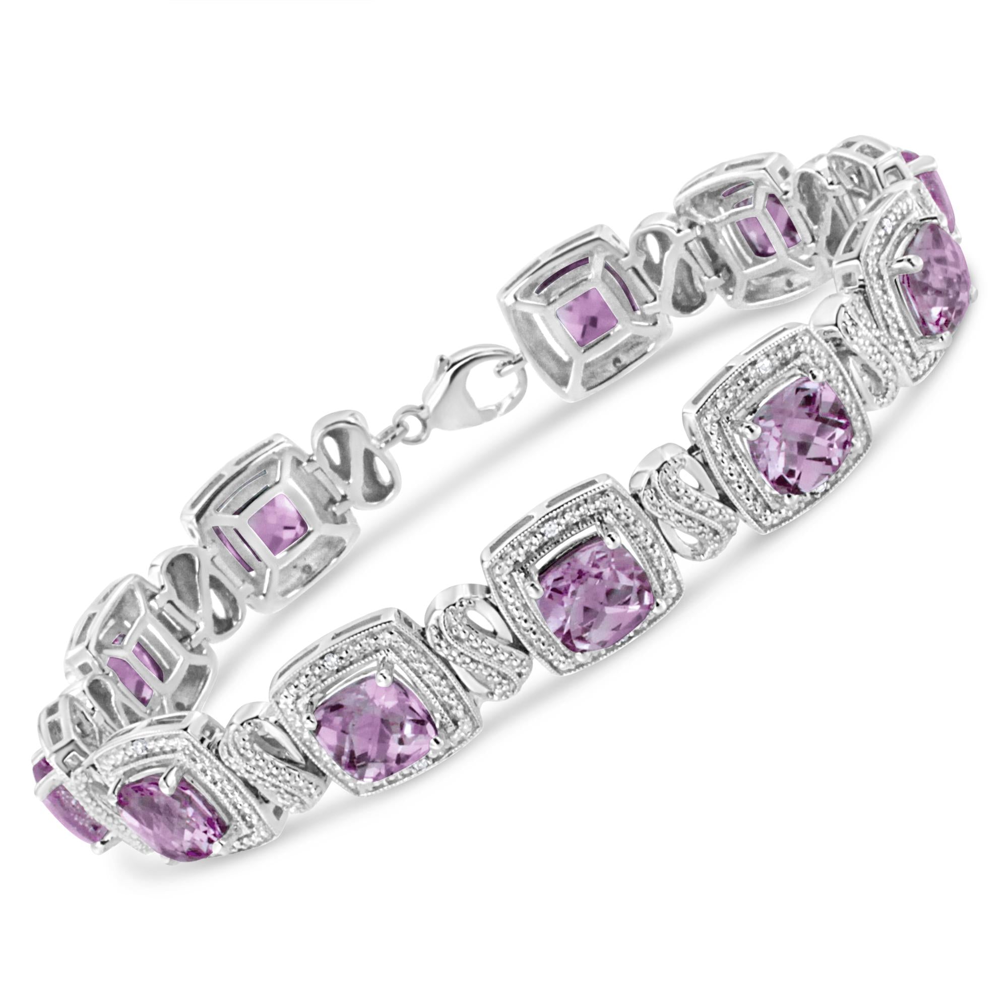 .925 Sterling Silver 7x7 mm Cushion Cut Purple Amethyst and 1/10 cttw Round Cut Diamond Square Shape Tennis Bracelet (I-J Color, I1-I2 Clarity) - 7" - Friggin Jewelry