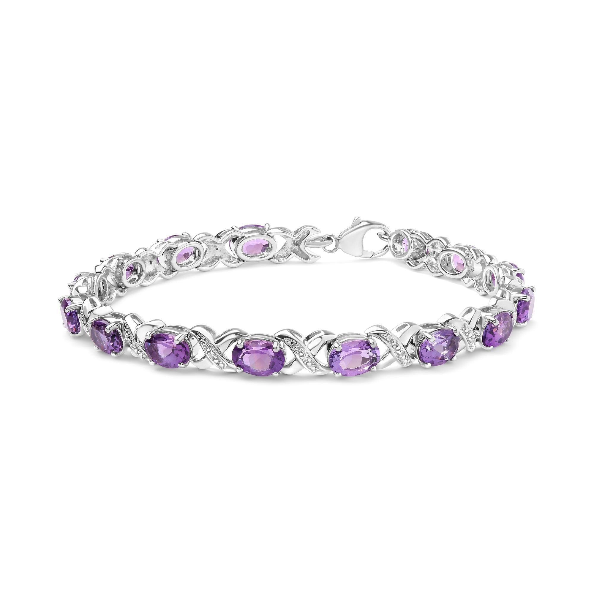 Bracciale a X in argento sterling 925 con ametista ovale da 7x5 mm e diamanti (colore HI, purezza SI1-SI2) - Misura 7" - Friggin Jewelry
