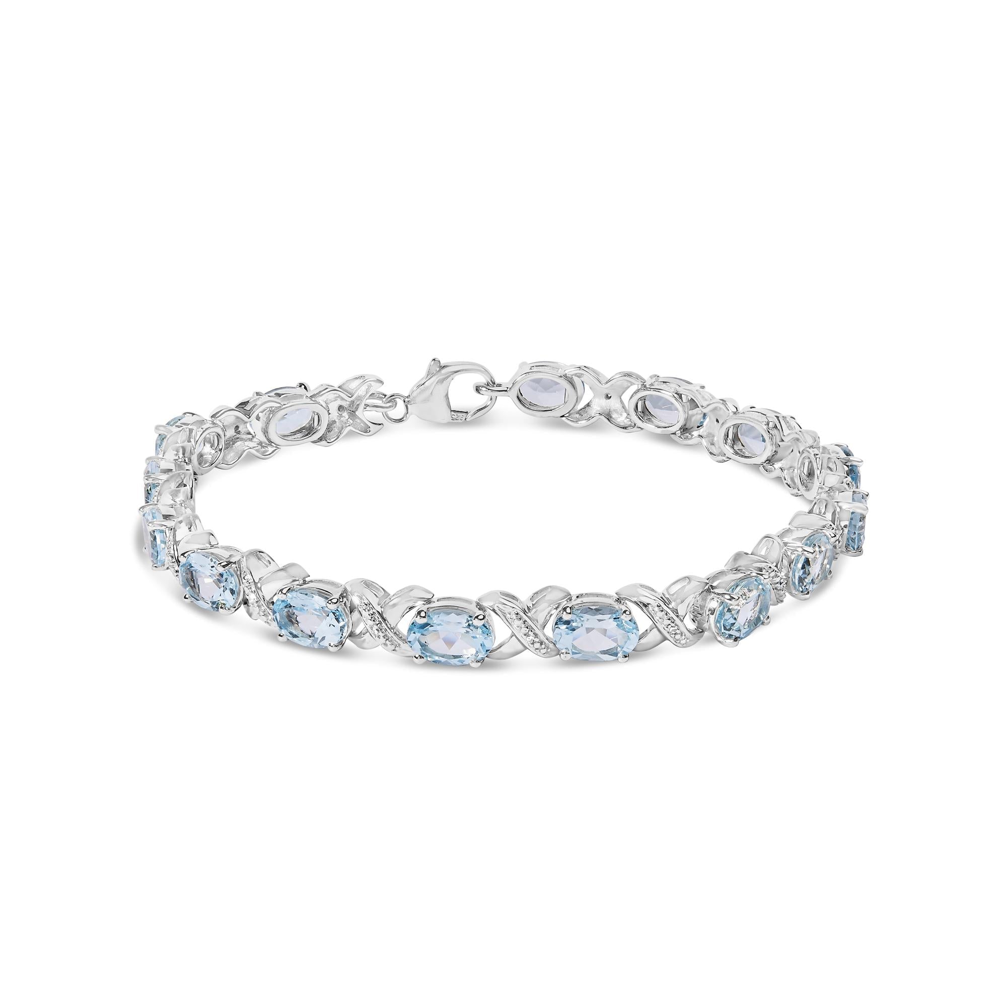 Bracciale tennis a X con maglie in argento sterling 925 da 16,0 carati, topazio blu ovale e diamanti (colore IJ, purezza I1-I2) - Misura 7" pollici - Friggin Jewelry