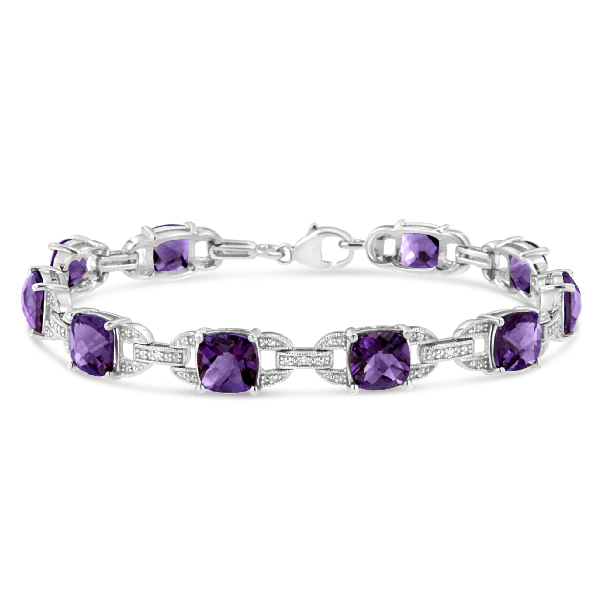 .925 Sterling Silver 7mm Cushion Cut Amethyst Gemstone and Diamond Tennis Link Bracelet (I-J Color, I1-I2 Clarity) - Size 7" - Friggin Jewelry