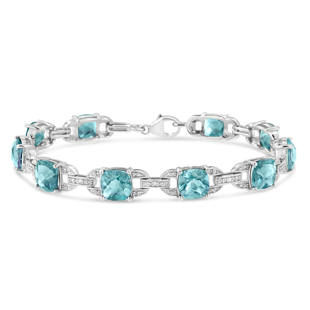 .925 Sterling Silver 7x7 mm Cushion Cut Blue Topaz and 1/20 cttw Round Cut Diamond Fashion Tennis Bracelet (I-J Color, I1-I2 Clarity) - 7" - Friggin Jewelry