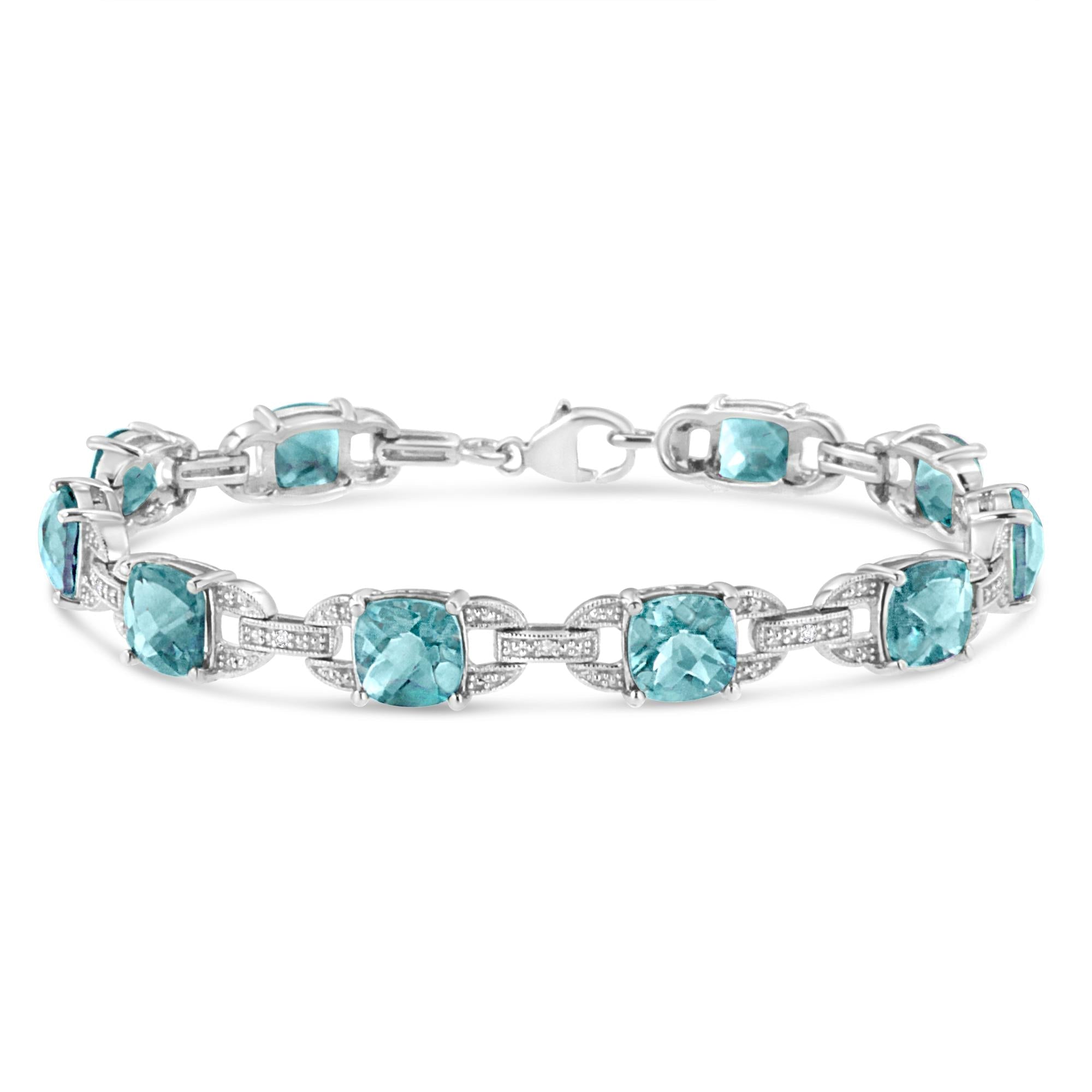 .925 Sterling Silver 7x7 mm Cushion Cut Blue Topaz and 1/20 cttw Round Cut Diamond Fashion Tennis Bracelet (I-J Color, I1-I2 Clarity) - 7" - Friggin Jewelry